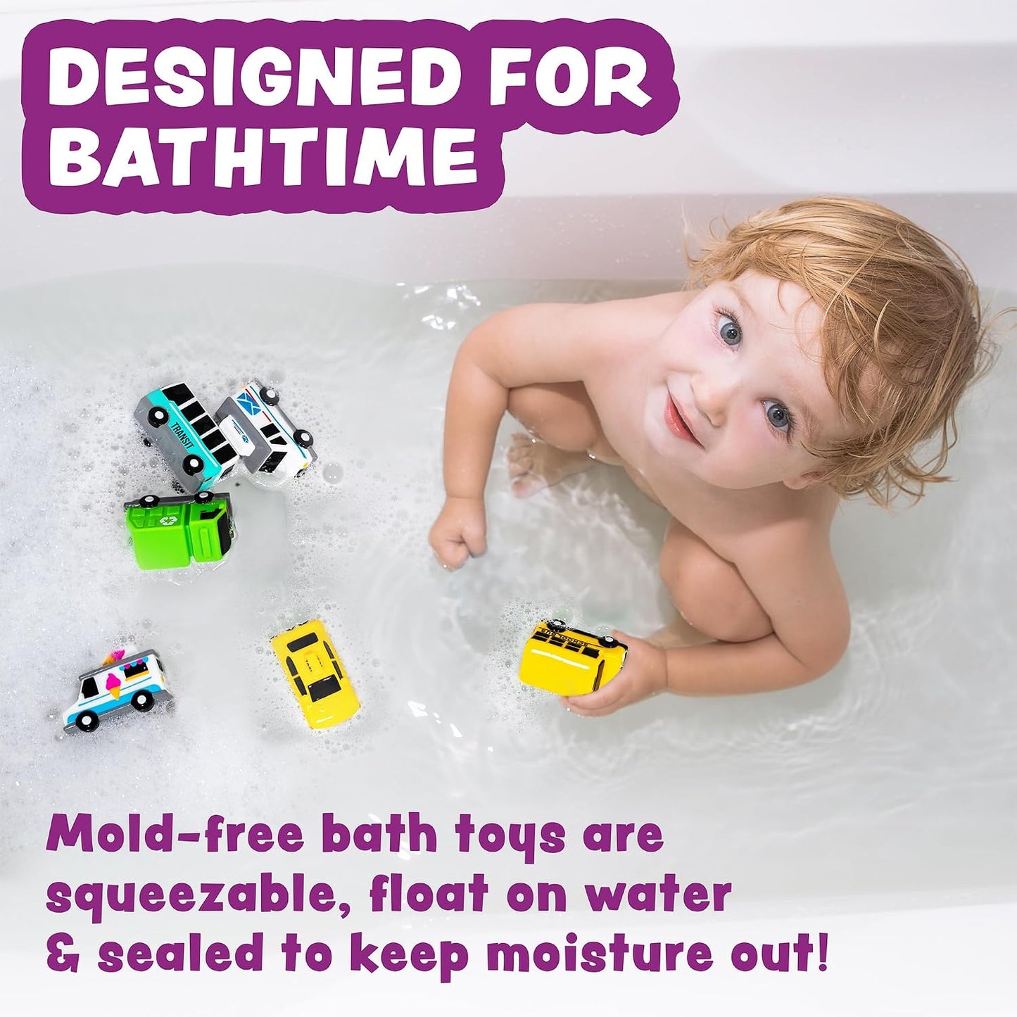 HotTub Works® Vehicles™ Bath Cars Mold Free Bath Toys, 6 Pack | Sealed, No Hole Bath Toys Design Keeps Moisture Out | Soft, Squeezable & Float on Water | Fun Baby & Toddler Bath Toys | City Car Bath Toys