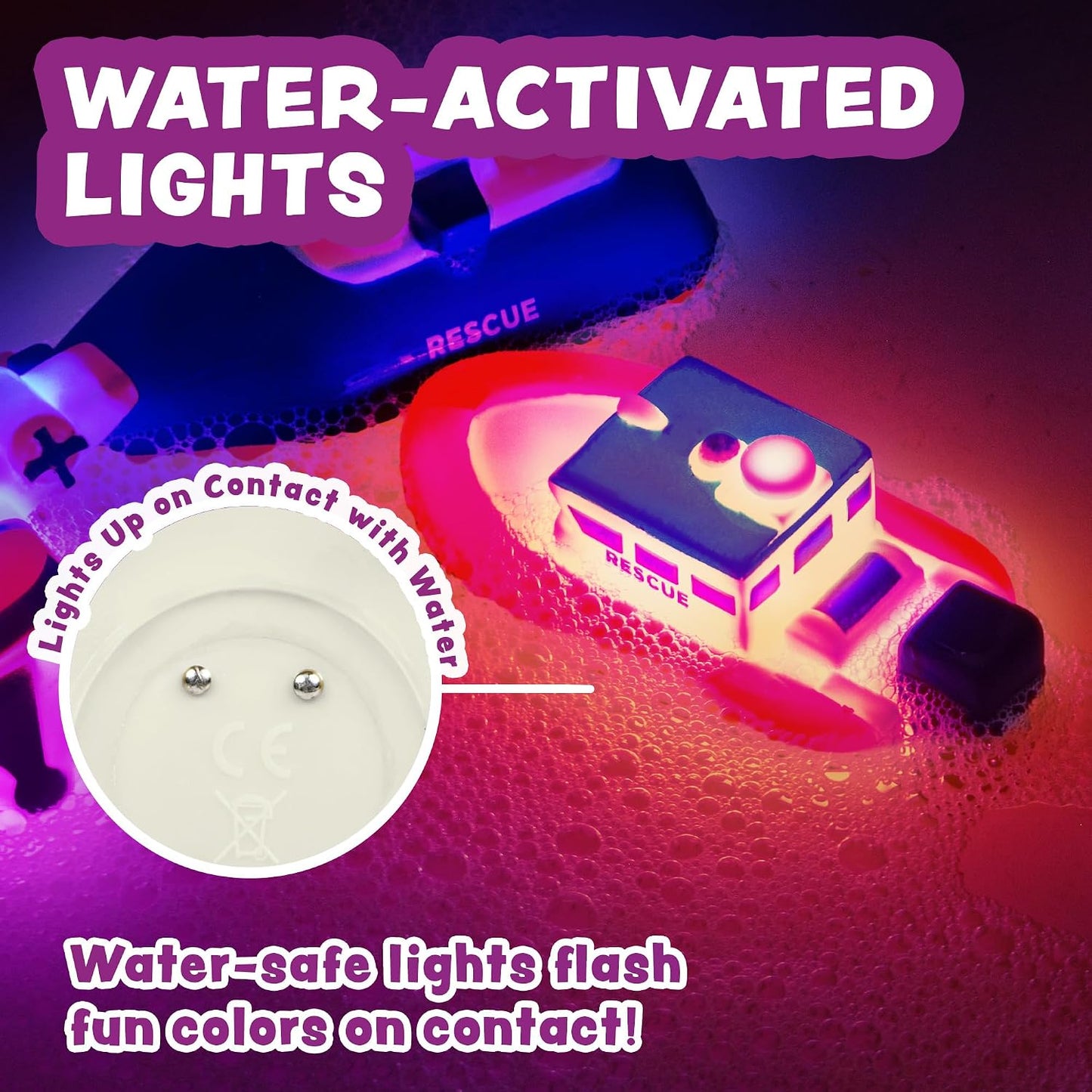 HotTub Works® Ocean Rescue™ Vehicles Light Up Bath Toys, 6 Pack | Water-Activated Light Up Toys Flash & Change Color | Easy-Grip Baby & Toddler Bath Toys | Sensory Toys with Bath Lights for Kids Bath