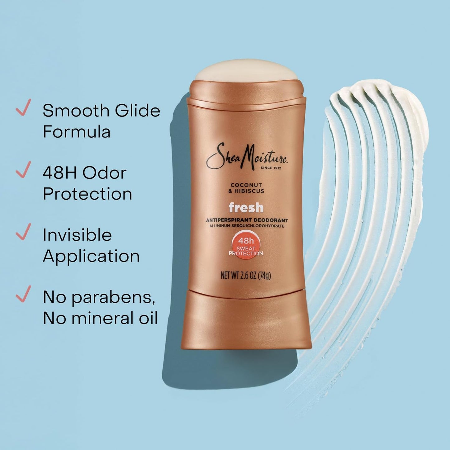 HotSheaMoisture Antiperspirant Deodorant Stick Fresh Coconut & Hibiscus 2 Count for 48HR Sweat & Odor Protection with No Parabens & No Mineral Oil 2.6 oz