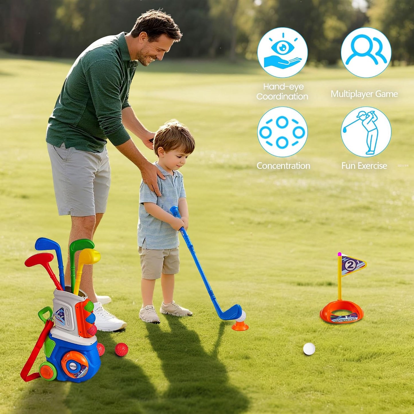 HotPJG Toddler Golf Set, Plastic Kids Golf Clubs Ages 1 2 3 4 Years Old with 4 Golf Clubs and 10 Balls, Indoor and Outdoor Golf Toys with Cart for Toddlers Boys and Girls Birthday Gift (Blue)