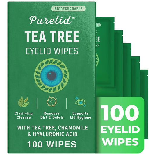 Hot100PCs Tea Tree Eyelid Wipes – Cleaning Eye Wipes for People with Dry Eyes & Allergies – Gentle Eyelid Cleanser with Hyaluronic Acid, Chamomile and Aloe – Individually Wrapped & Biodegradable