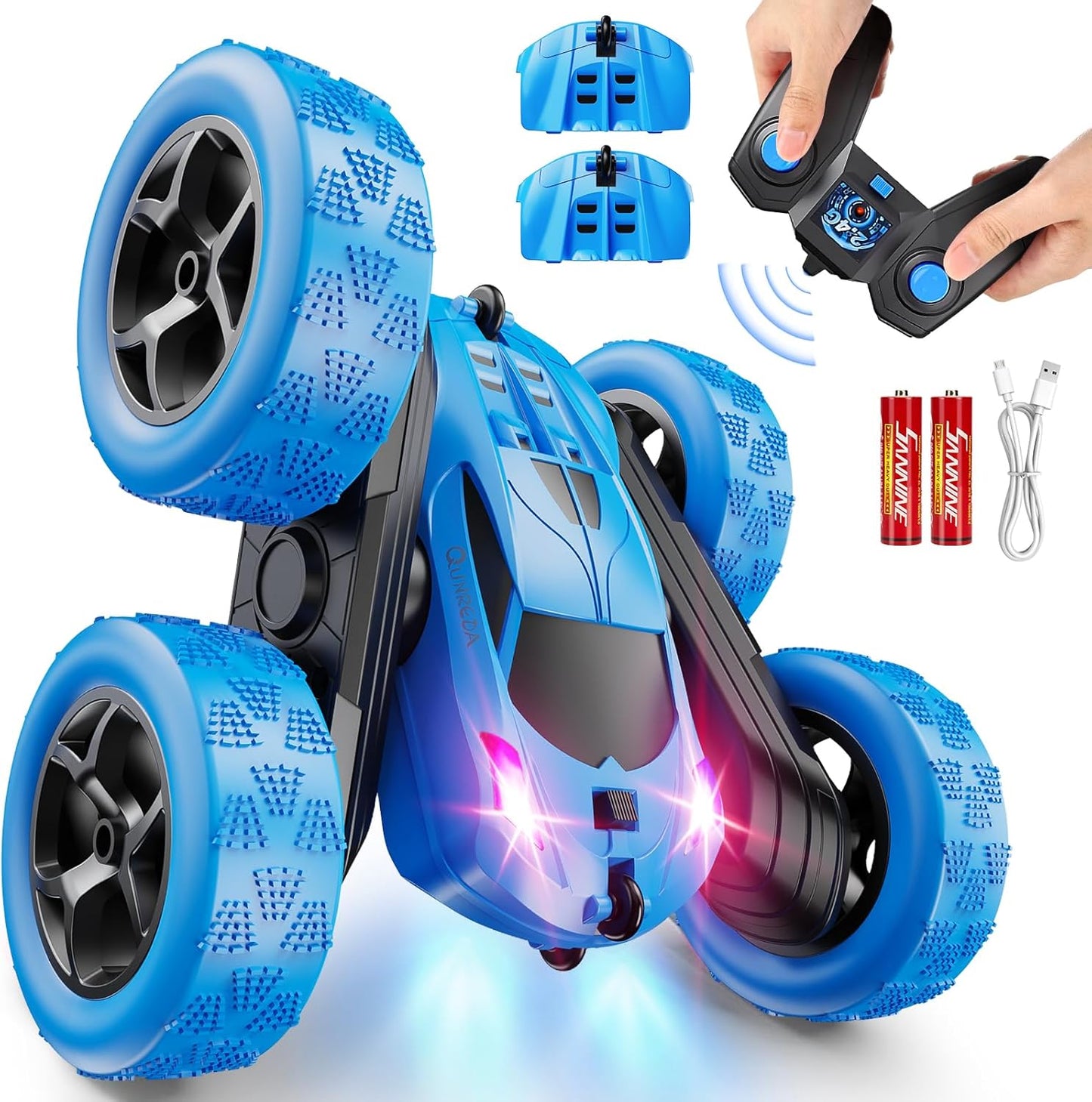 HotQUNREDA Remote Control Car, RC Cars Toys for Kids Ages 6-12, 4WD Stunt Car with LED Lights & 360° Flips, 2.4GHz, Upgraded USB-C Modular Batteries, 8-10 Year Old Boys Birthday Gift 1-Blue