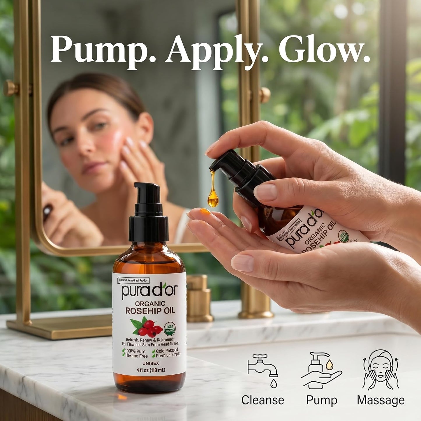 HotPURA D'OR ORGANIC Rosehip Seed Oil 100% Pure Cold Pressed USDA Certified For Hair, Skin, Scalp, Anti Aging Face & Body - Hexane Free Glass Bottle - 4 Oz - Hair Regrowth Tonic