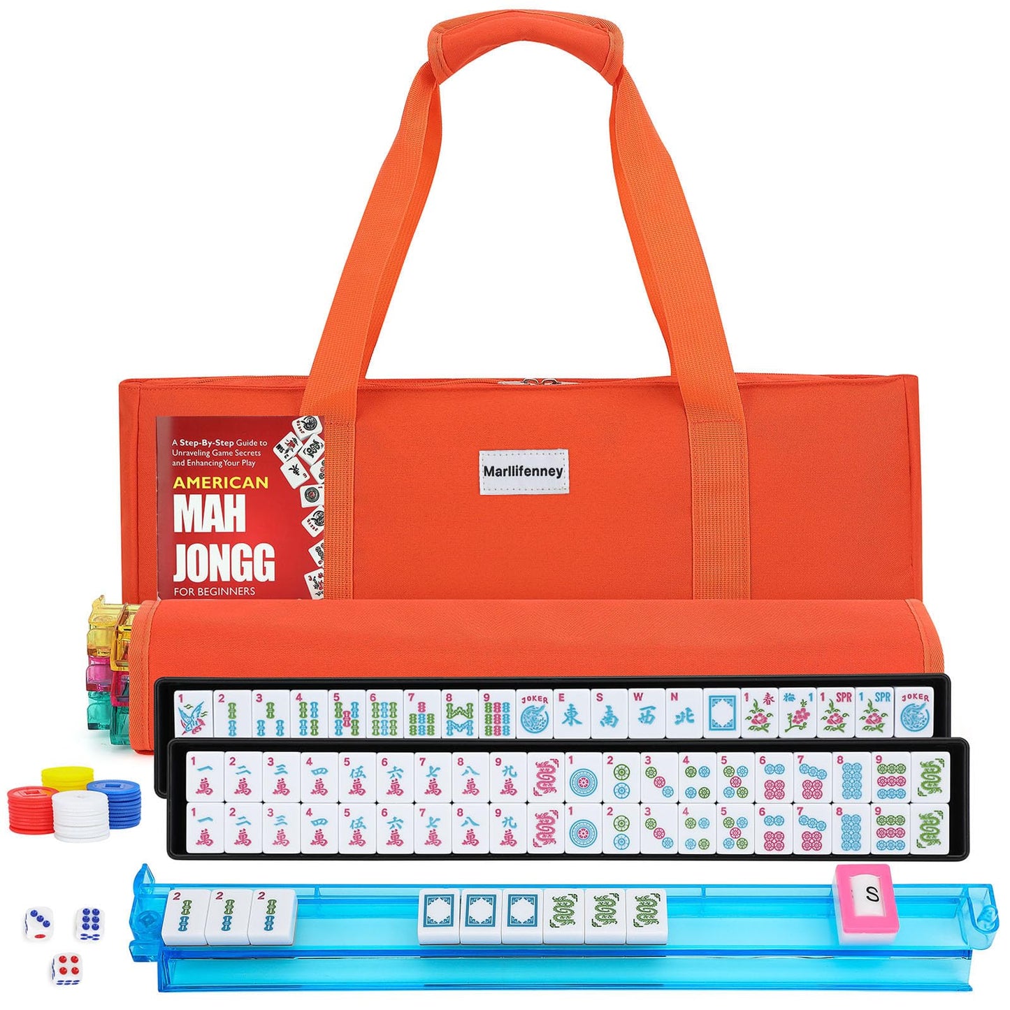 Hot American Mahjong Tile Set,166 White Tiles Mahjong Set,4 Colors Mahjong Racks,Travel Mahjong Set with Blue Carrying Bag