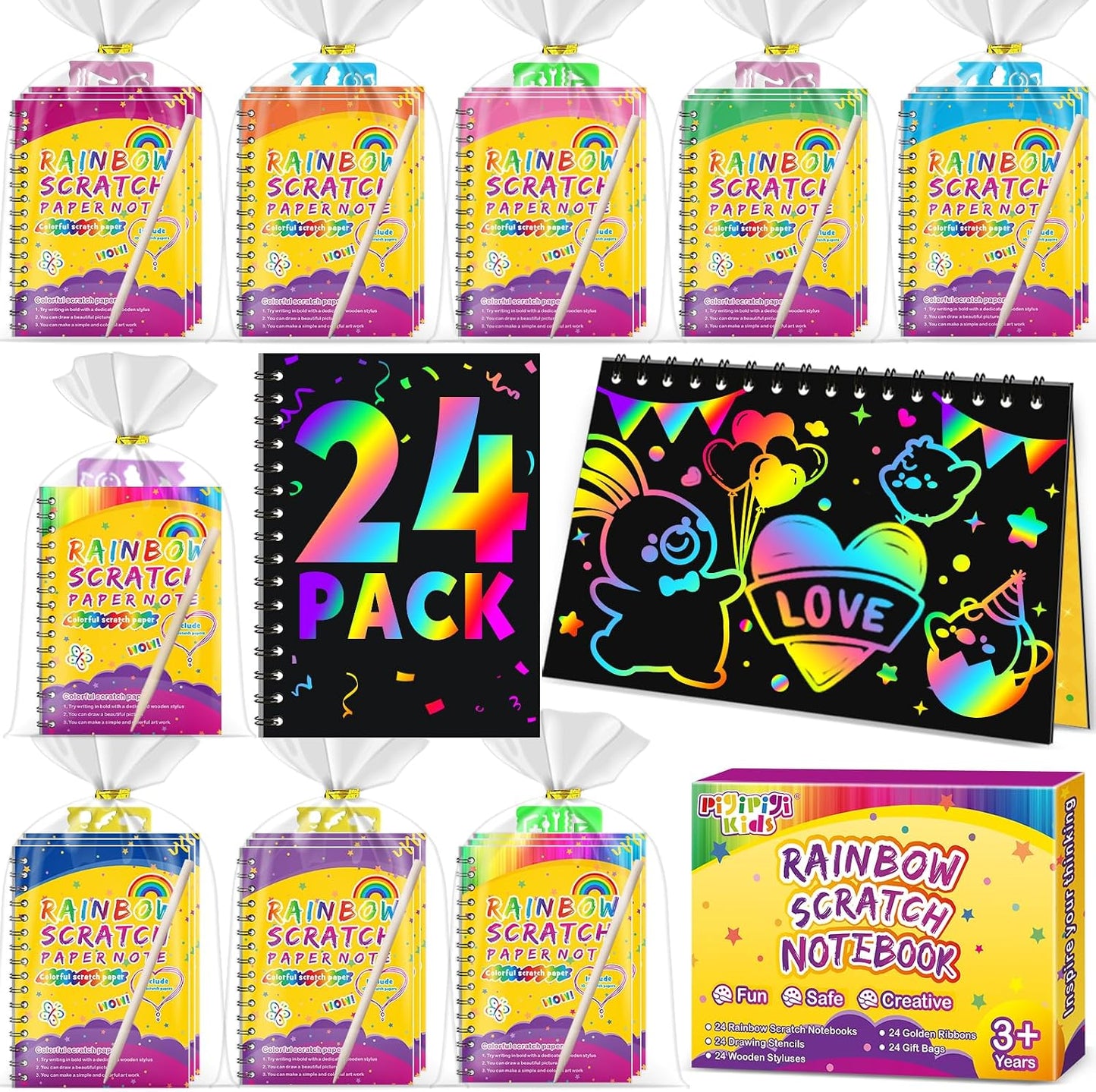 Hot Party Favors for Kids 4-8-12: 24 Pack Scratch Rainbow Art Crafts Notebook, Coloring Book Goodie Bags Stuffers Kit, Bulk Birthday Gift Classroom Prizes Girl Boy Toddler