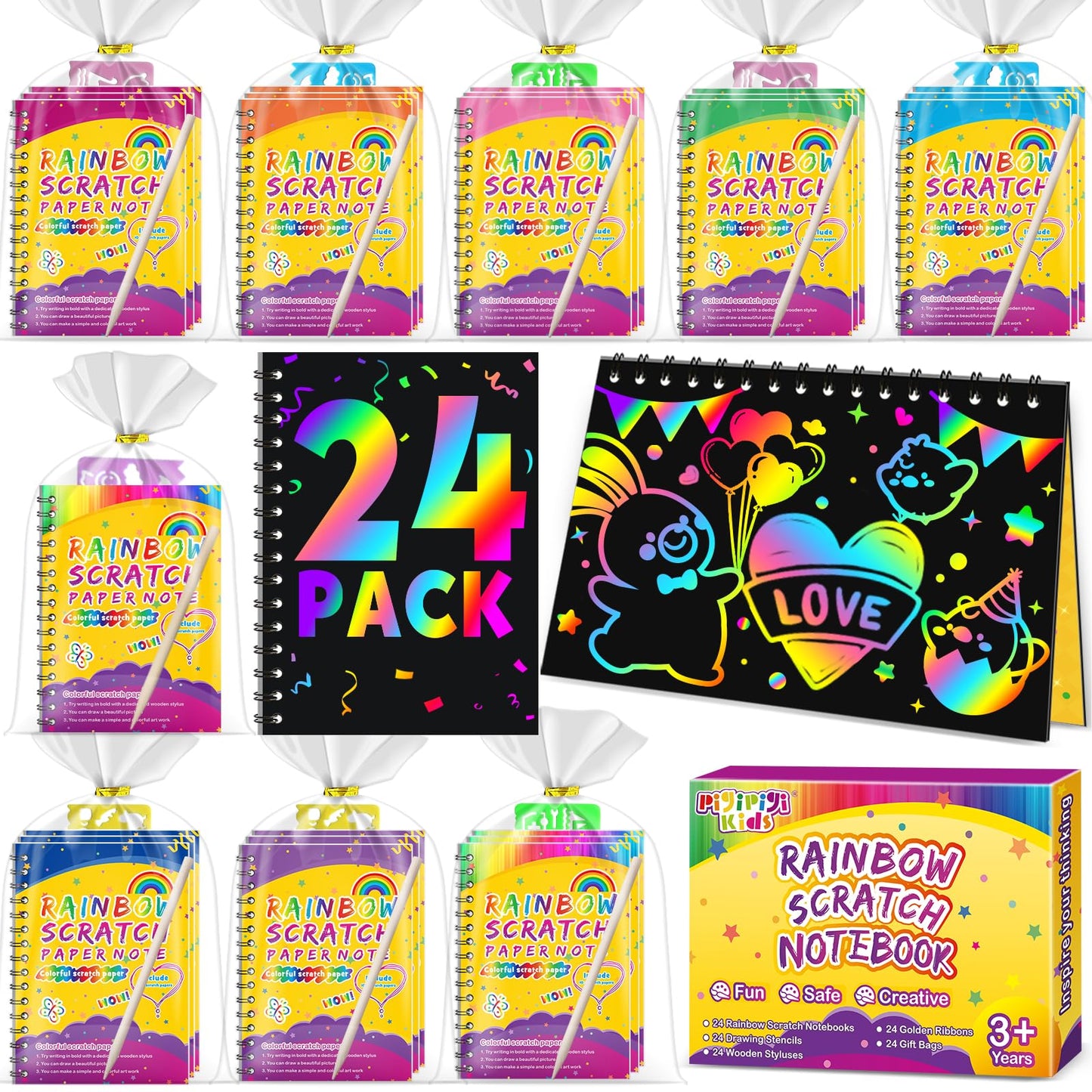 Hot Party Favors for Kids 4-8-12: 24 Pack Scratch Rainbow Art Crafts Notebook, Coloring Book Goodie Bags Stuffers Kit, Bulk Birthday Gift Classroom Prizes Girl Boy Toddler