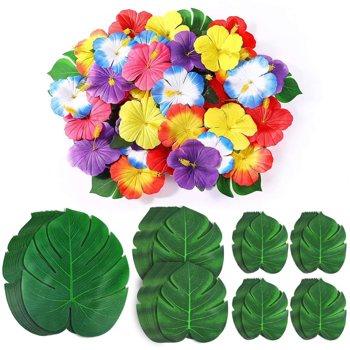 Hot UMIKU 60Pcs Luau Party Decorations Tropical Hawaiian Supplies Palm Leaves | Hibiscus Flowers Simulation Artificial Leaf for Safari Party Jungle Beach Theme BBQ Birthday Party Decorations Table Decor