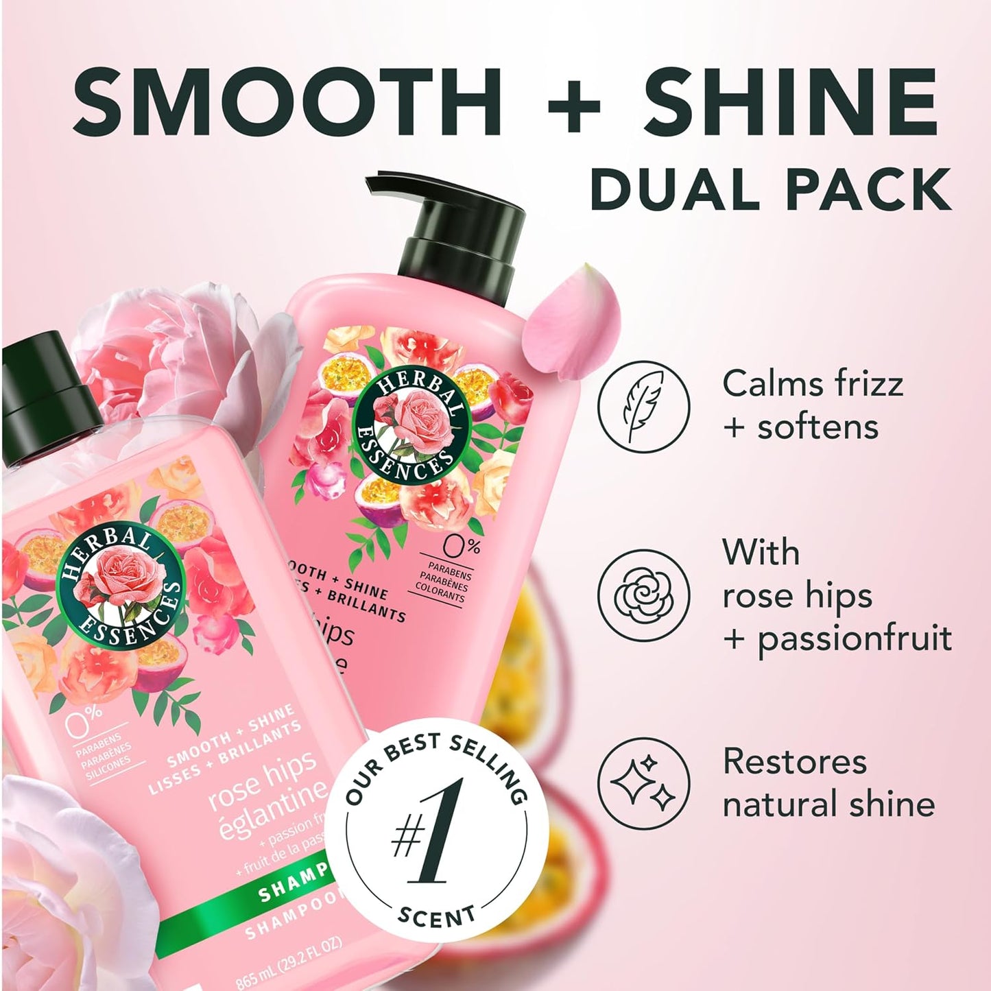 HotHerbal Essences Shampoo & Conditioner Set, Rose Hips + Passionfruit - Smooth Collection, Paraben-Free, Color-Safe, Shiny Hair with Jojoba & Vitamin E, 29.2 Fl Oz Each, 2-Pack