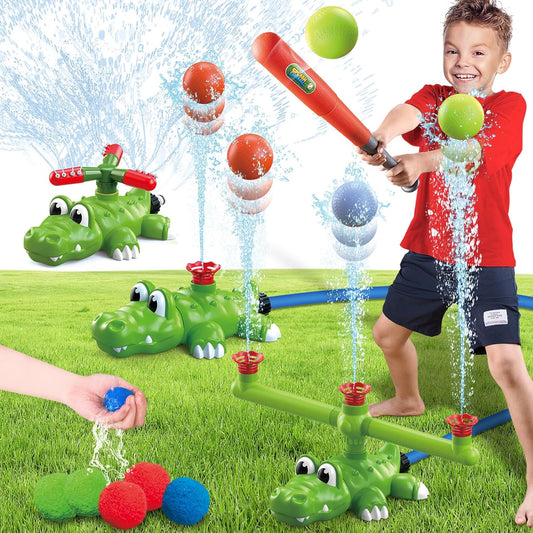 HotIntoypad 4-in-1 Kids Water Sprinklers T Ball Set & Water Ball Toy, Crocodile Baseball Sprinkler for Backyard Outdoor Summer Toys for Boys Girls Outside Yard Water Game Toys for Kids Toddlers Ages 3-8