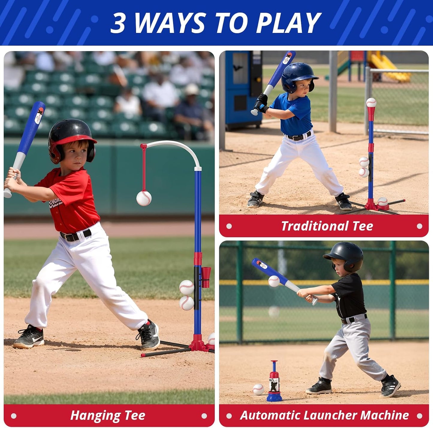 HotHYES 3-in-1 Baseball Set for Kids 3-5 - Tee Ball Stand, Hanging Tee, Ball Launcher and 6 Softballs - Adjustable Height, Indoor/Outdoor Sport Gifts for Boys Girls