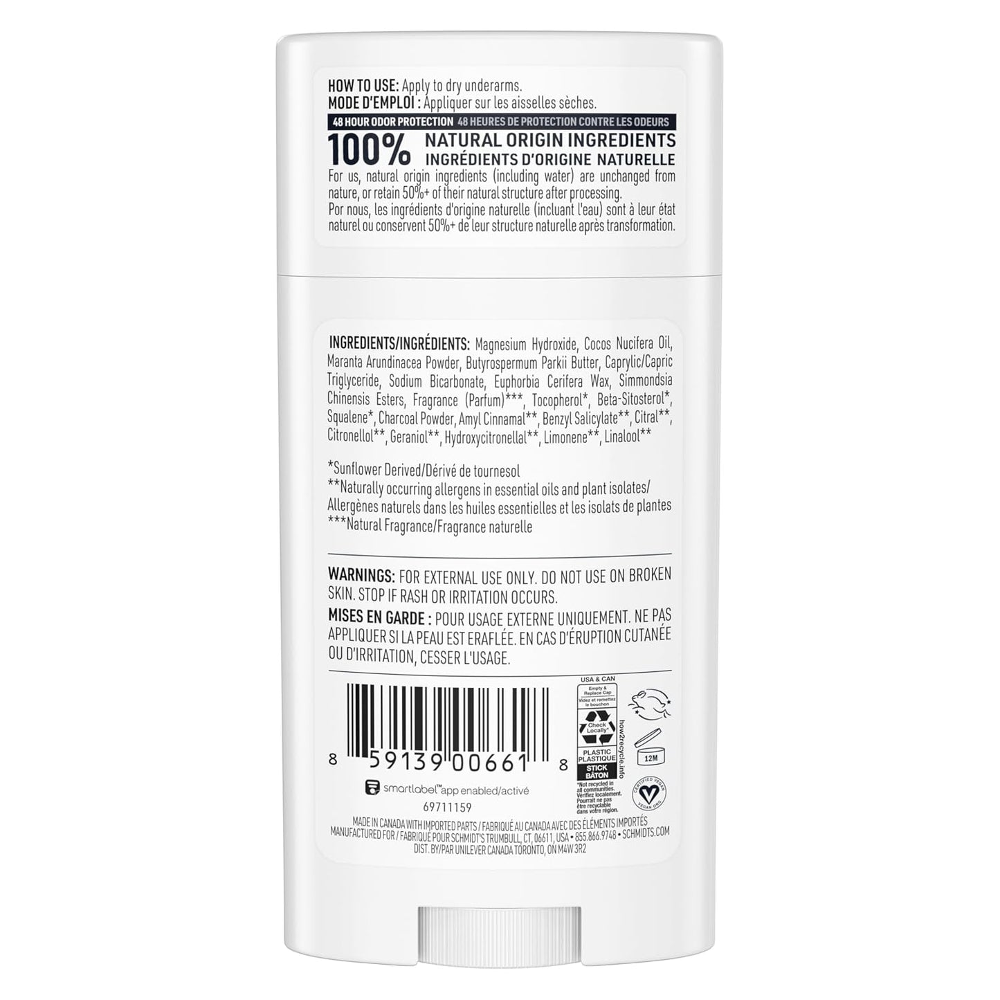 HotSchmidt's Aluminum-Free Vegan Deodorant Charcoal & Magnesium with 24 Hour Odor Protection, for Women and Men, Natural Ingredients, Cruelty-Free, 2.65 oz