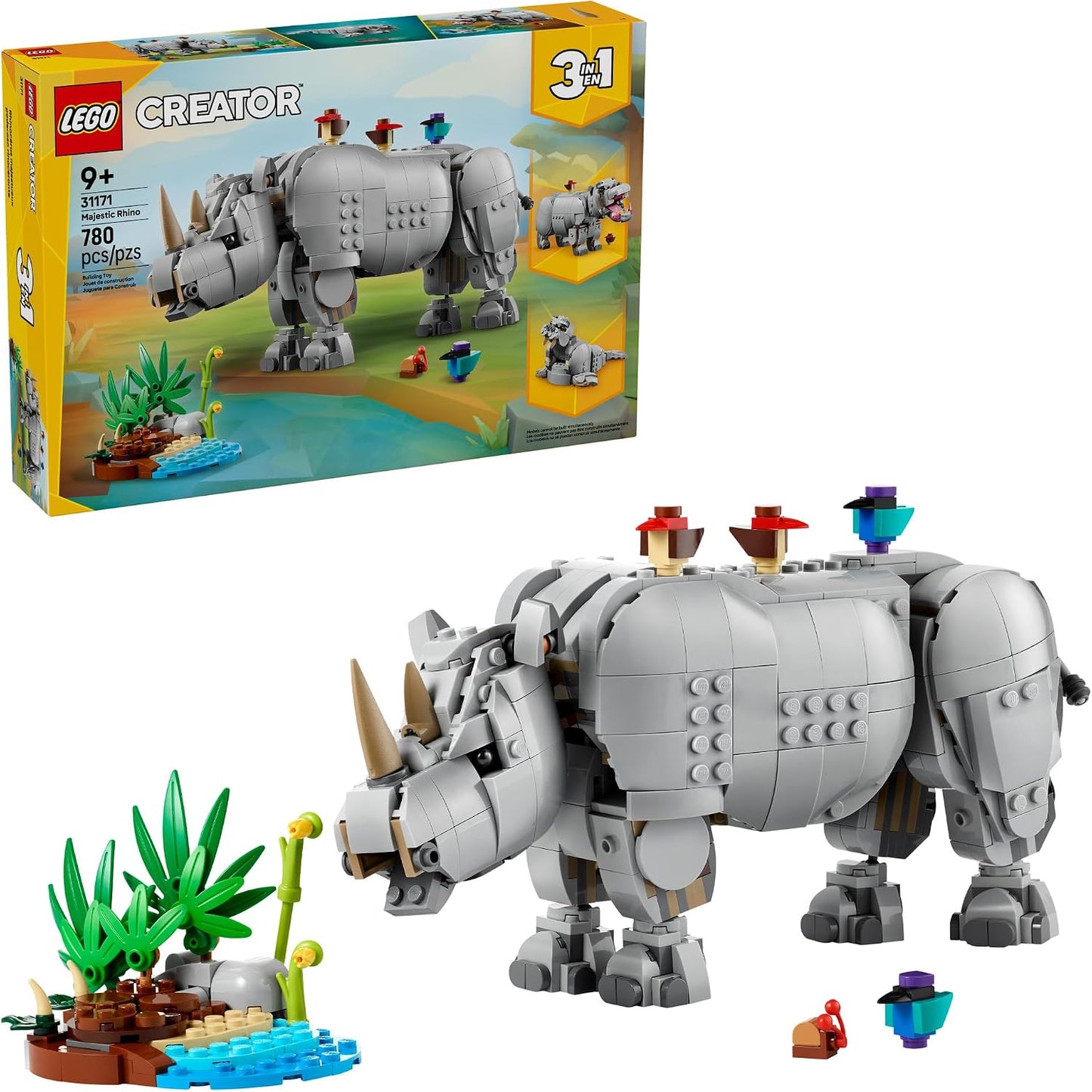 Hot LEGO Creator 3 in 1 Wild Animals: Majestic Rhino with Birds Building Toys for Kids - Safari Pretend Play Toys for Girls & Boys, Ages 9+ - Gift for Birthdays - 31171