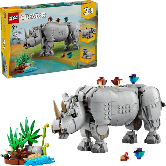 Hot LEGO Creator 3 in 1 Wild Animals: Majestic Rhino with Birds Building Toys for Kids - Safari Pretend Play Toys for Girls & Boys, Ages 9+ - Gift for Birthdays - 31171