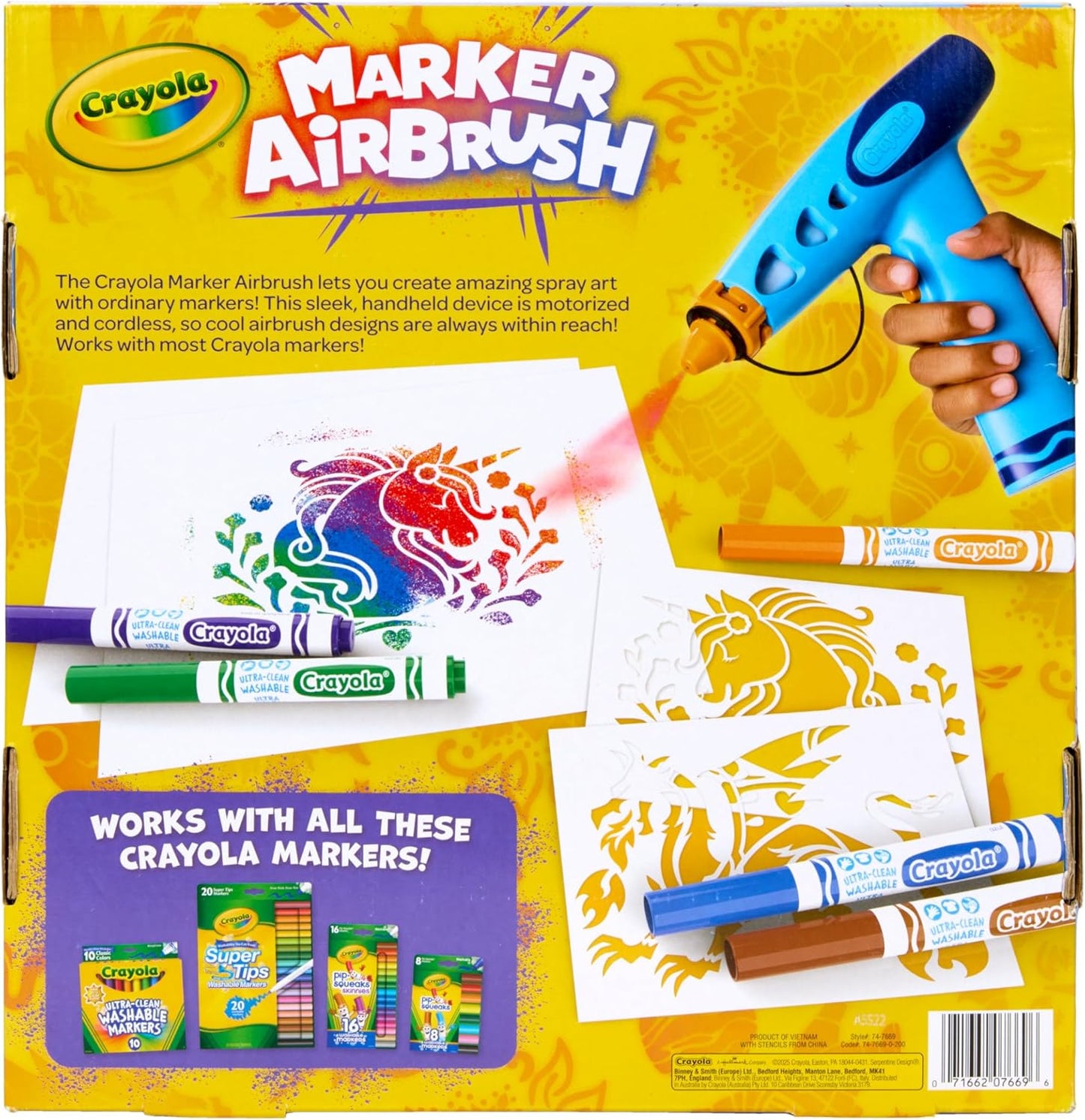 HotCrayola Marker Airbrush Spray Art Kit, Battery-Powered Sprayer with 8 Washable Markers & 5 Stencils, DIY Craft Set, Ages 6+