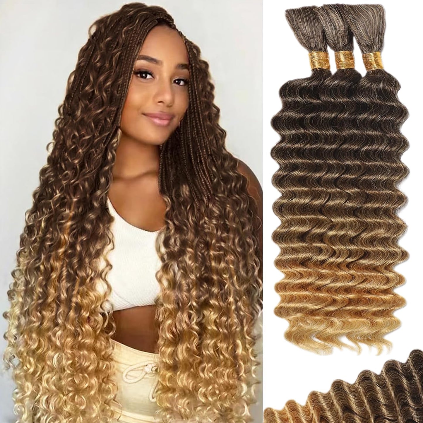 HotMOTFIN Human Braiding Hair for Boho Braids 20 Inch Curly Wave Bulk Bundles | 110g Boho Hair for Braiding, 12A 100% Virgin, Long-lasting, Tangle Free, Deep Wave, Knotless Bohemian Braid, Natural Color