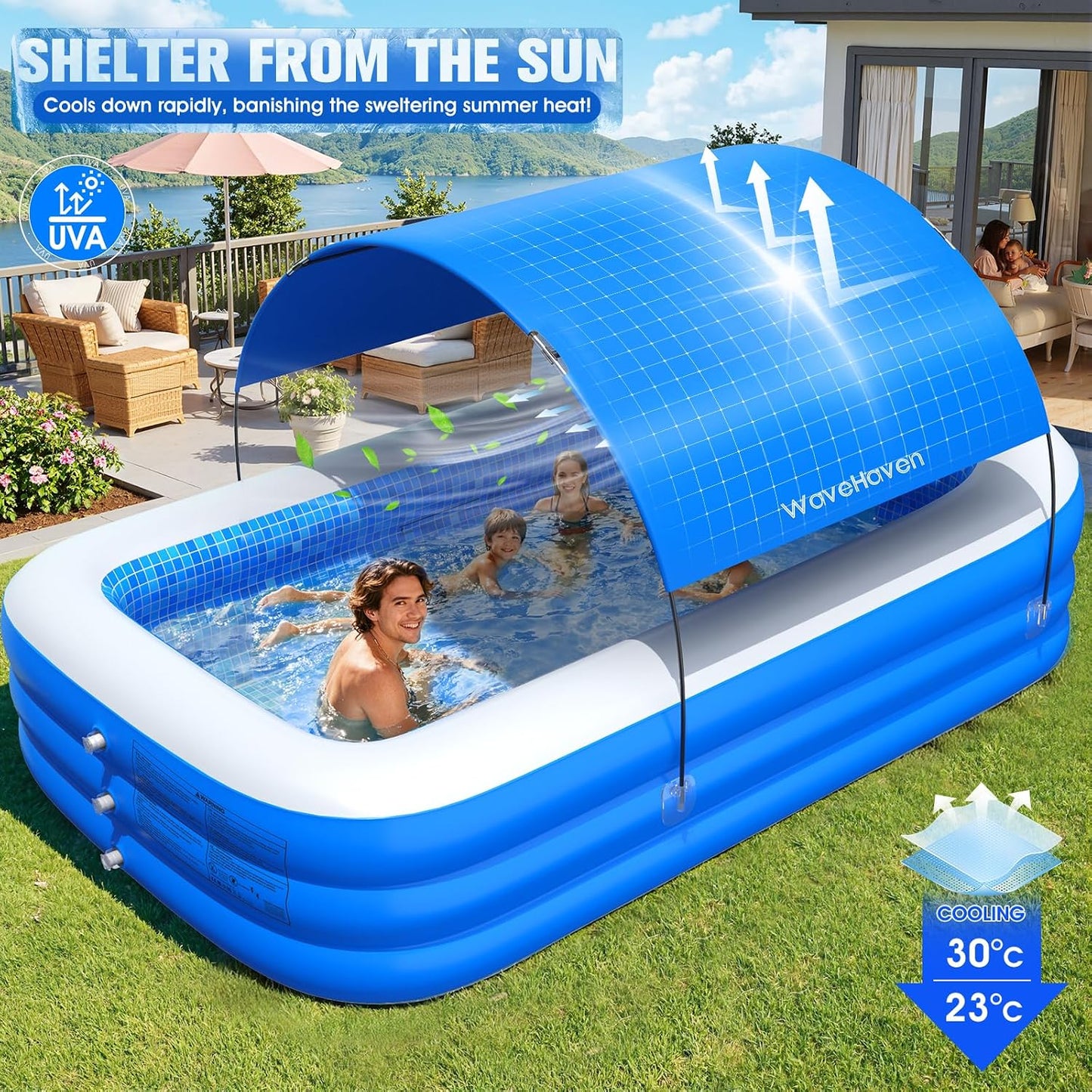 Hot 2026 Inflatable Pool with Canopy,Upgraded Blow Up Pool for Adults&Kids,Large Inflatable Pool with Seat and Big Backrest,Kiddie Pool with Shade,Kid Swimming Pool for Backyard 110"x63"x20"Blue