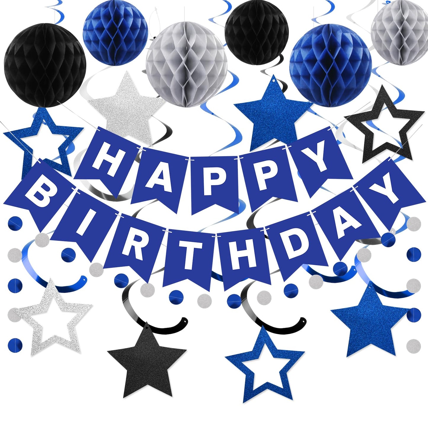 Hotmeowtastic Birthday Decorations Happy Birthday Banner with Honeycomb Balls | 16pcs Birthday Set: 1 Banner+6 Honeycomb Balls+8 Star Spirals+1 Circle Dots, Happy Birthday Decor - Blue