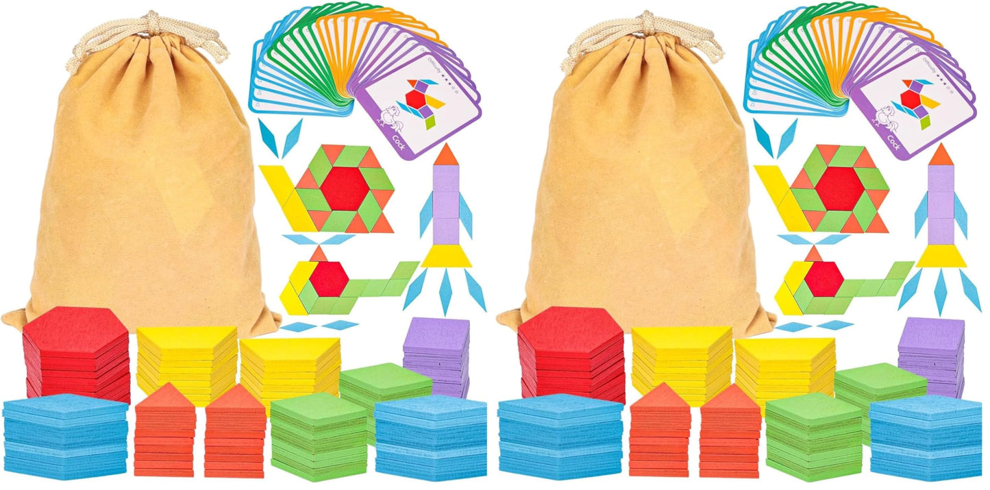 HotLovesTown 209 PCS Shapes Wooden Pattern Blocks for Kids, Geometric with Activity Cards and Storage Bag, Educational Tangram Puzzles,Great Learning Gift from Parents or Teachers