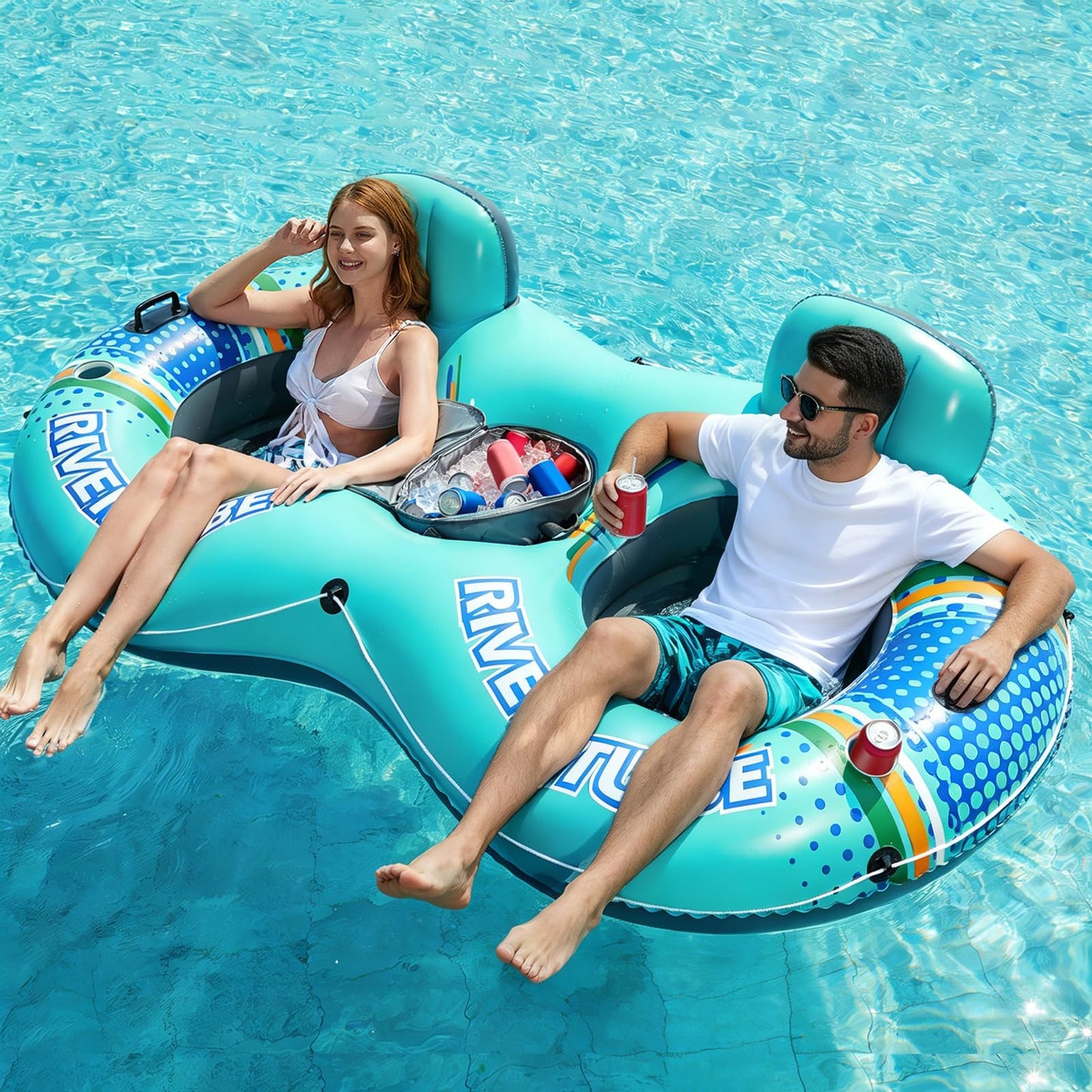 Hot Jasonwell Heavy Duty 2 Person Inflatable River/Pool Tube Float with Removable Cooler, Tubes for Lake, Floating River Raft Lounge Floatie with 2 cup Holders For Adults, Cyan