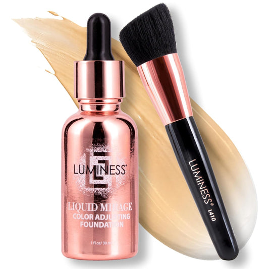 HotLUMINESS Liquid Mirage w/SPF 50 Color Adjusting Foundation Kit - Color Changing Foundation, SPF 50 Primer & Makeup Brush, Face Makeup for Mature Skin, 4in1 Liquid Foundation, Concealer & Moisturizer