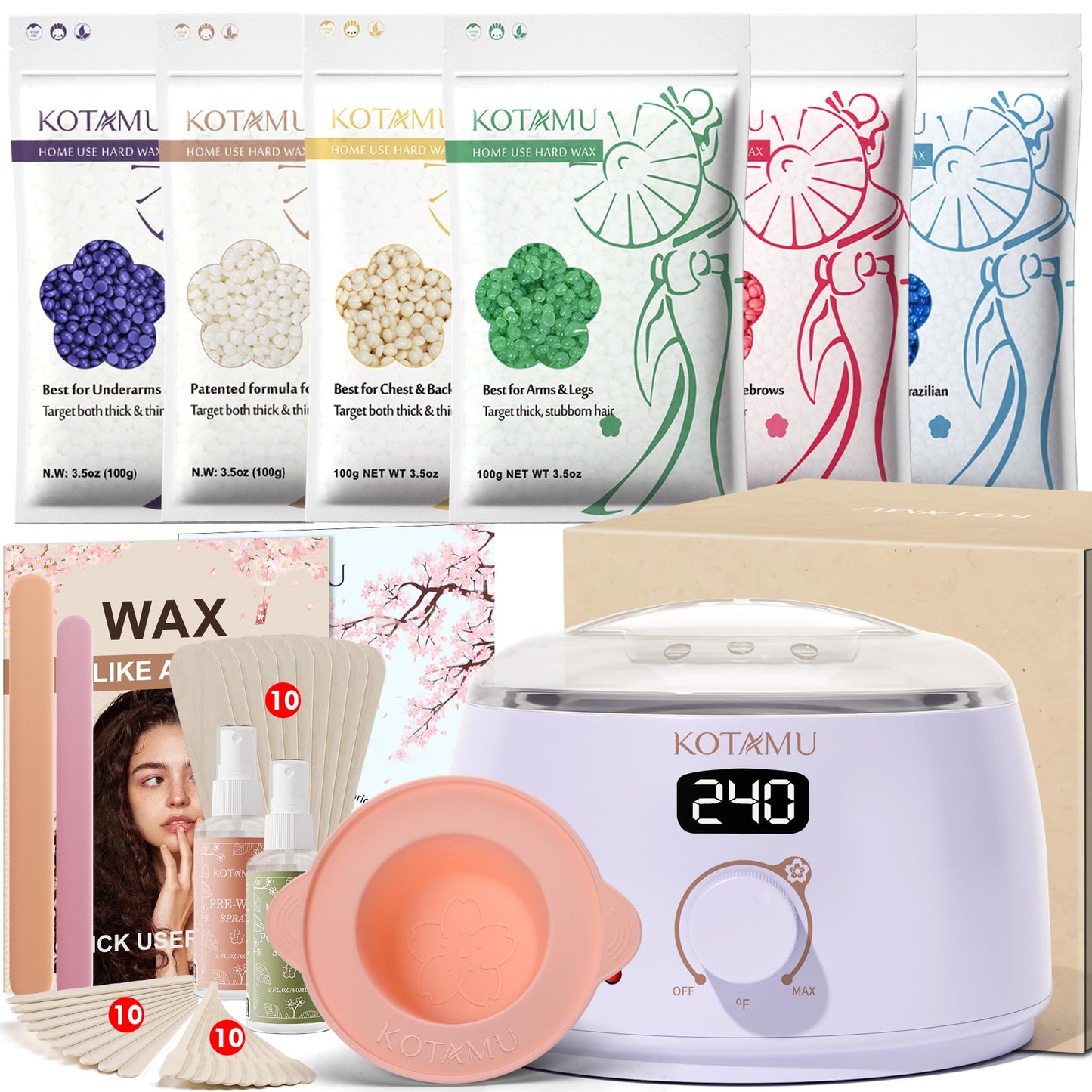 HotKOTAMU Waxing Kit for Women & Men, Pink Digital Wax Pot Warmer Hair Removal | Home Hard Wax Kit, Wax Machine, Face, Eyebrow, Bikini, Brazilian, Body, Sensitive Skin, 25 Accessories, Beginner-Friendly