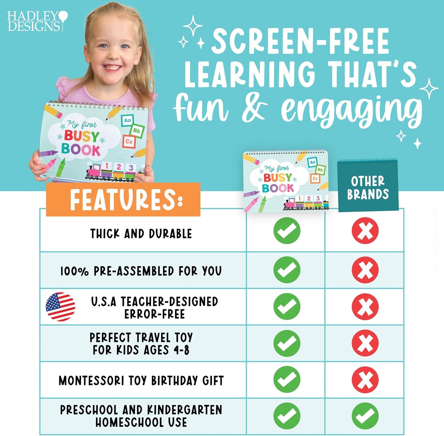 HotHadley Designs My First Busy Book Toddlers 3-5, Montessori Preschool Learning Activities Age 4-5, 174 Pcs Velcro Busy Book, Travel Toys Airplane Car Quiet Time, Sensory Toys, Toddler Birthday Gift