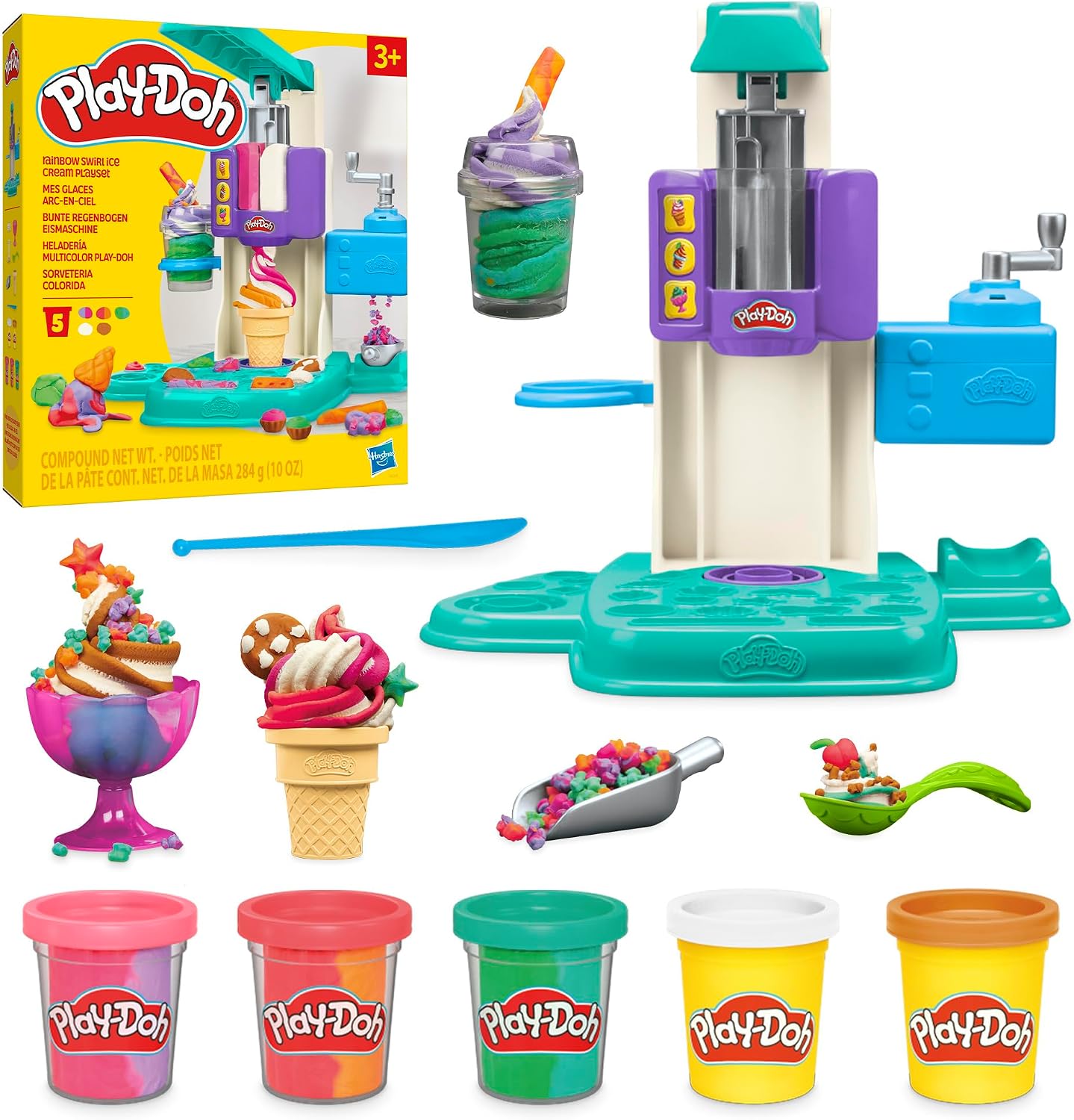 HotPlay-Doh Rainbow Swirl Ice Cream Playset with 7 Pretend Play Kitchen Accessories, Arts and Crafts Toys for 3 Year Old Girls and Boys and Up