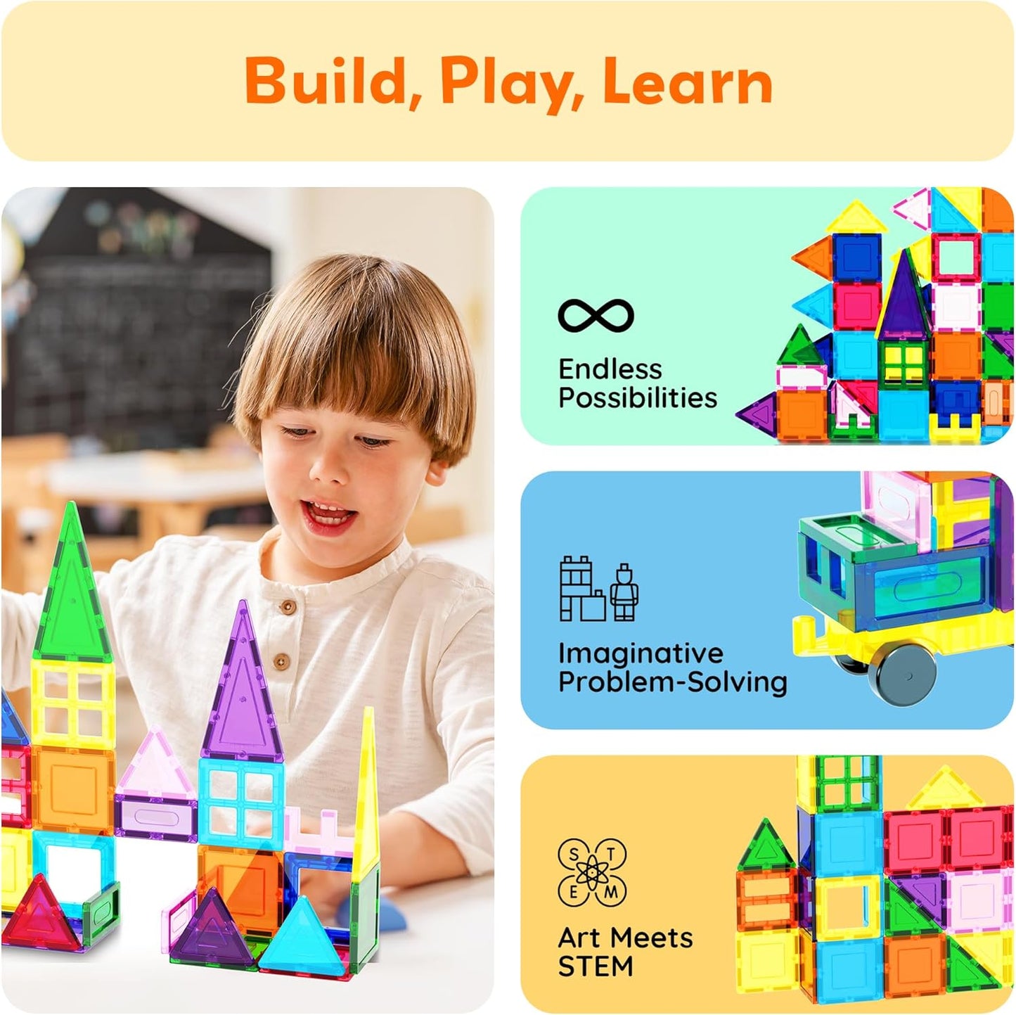 HotPicassoTiles 101 Piece Magnetic Tiles Building Set with Car & Bag Ages 3+ | BPA-free plastic, smooth-edge design, doors/windows, specialty shapes, spatial reasoning, hand-eye coordination, pretend play