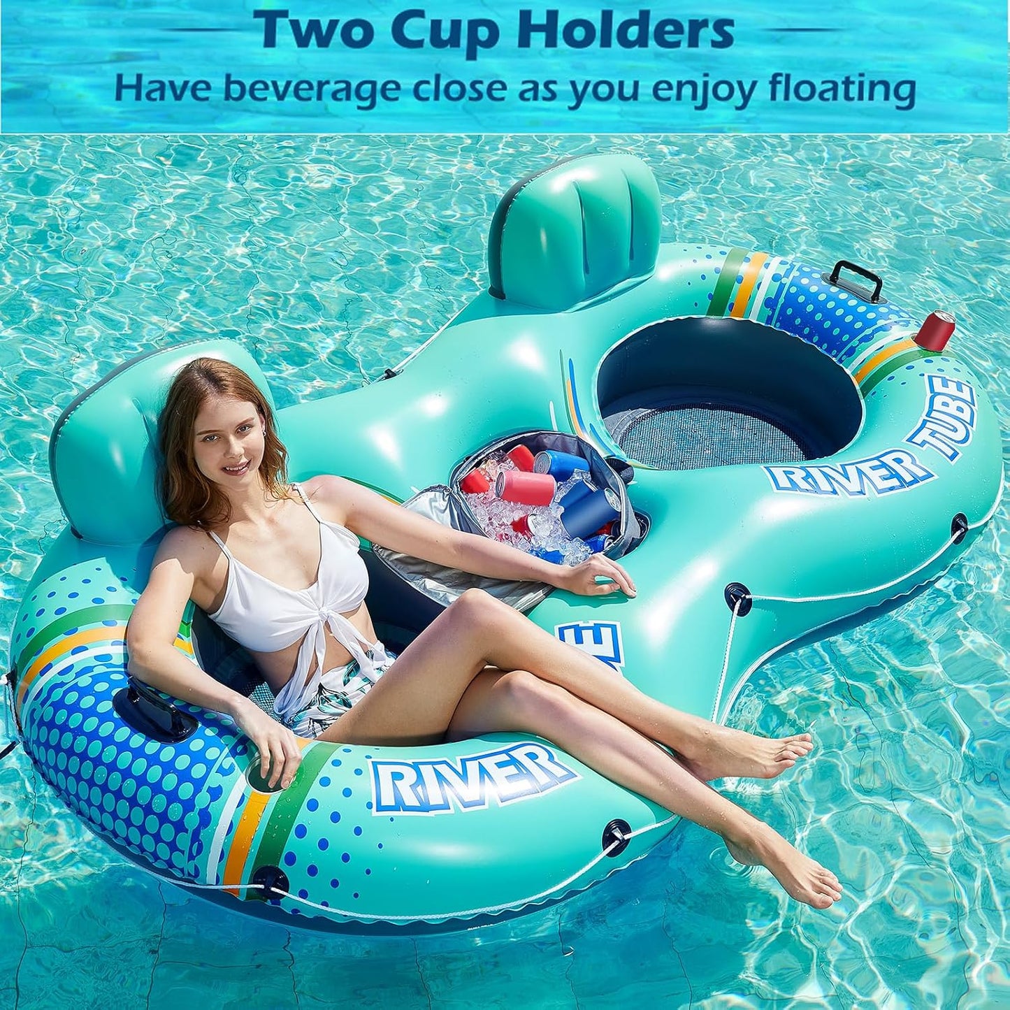 Hot Jasonwell Heavy Duty 2 Person Inflatable River/Pool Tube Float with Removable Cooler, Tubes for Lake, Floating River Raft Lounge Floatie with 2 cup Holders For Adults, Cyan