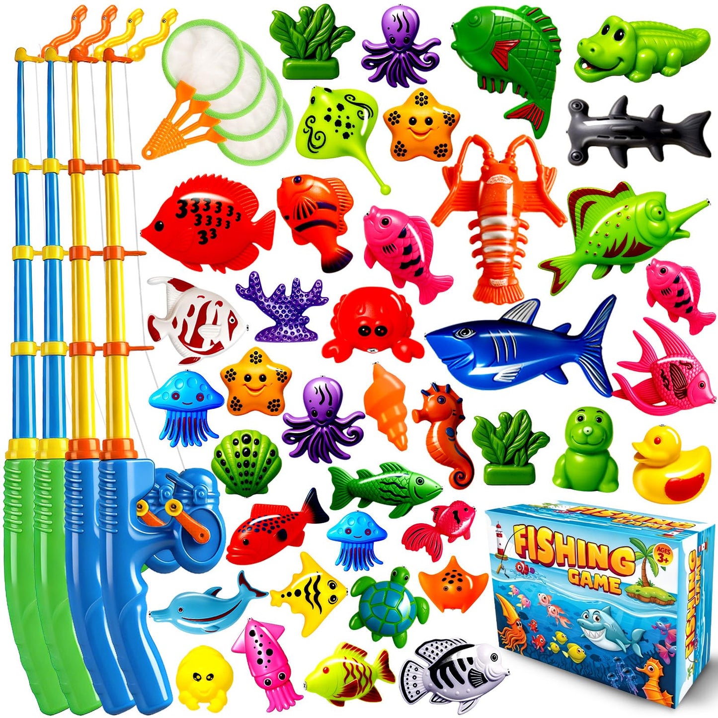 HotCozyBomB™ Magnetic Fishing Toys Game Set for Kids | Water Table Bathtub Kiddie Pool Party Pole Rod Net, Outdoor Plastic Floating Fish, Toddler Bath Color Ocean Sea Animals Birthday Gift Age 3-5 6 4-8