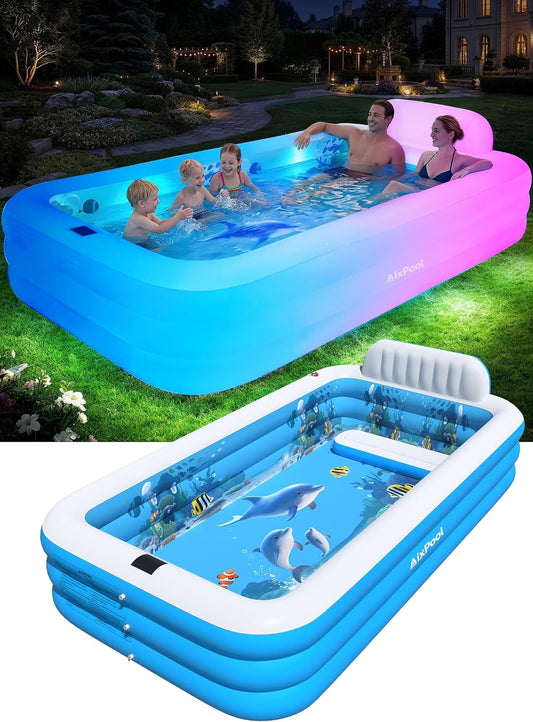 Hot Extra Large Inflatable Pool with Lights,Upgraded Solar Powered Blow Up Pool for Adults,Inflatable Kids Swimming Pool with Seat& Backrest,Big Inflatable Kids Pool for Backyard,120x73x20IN