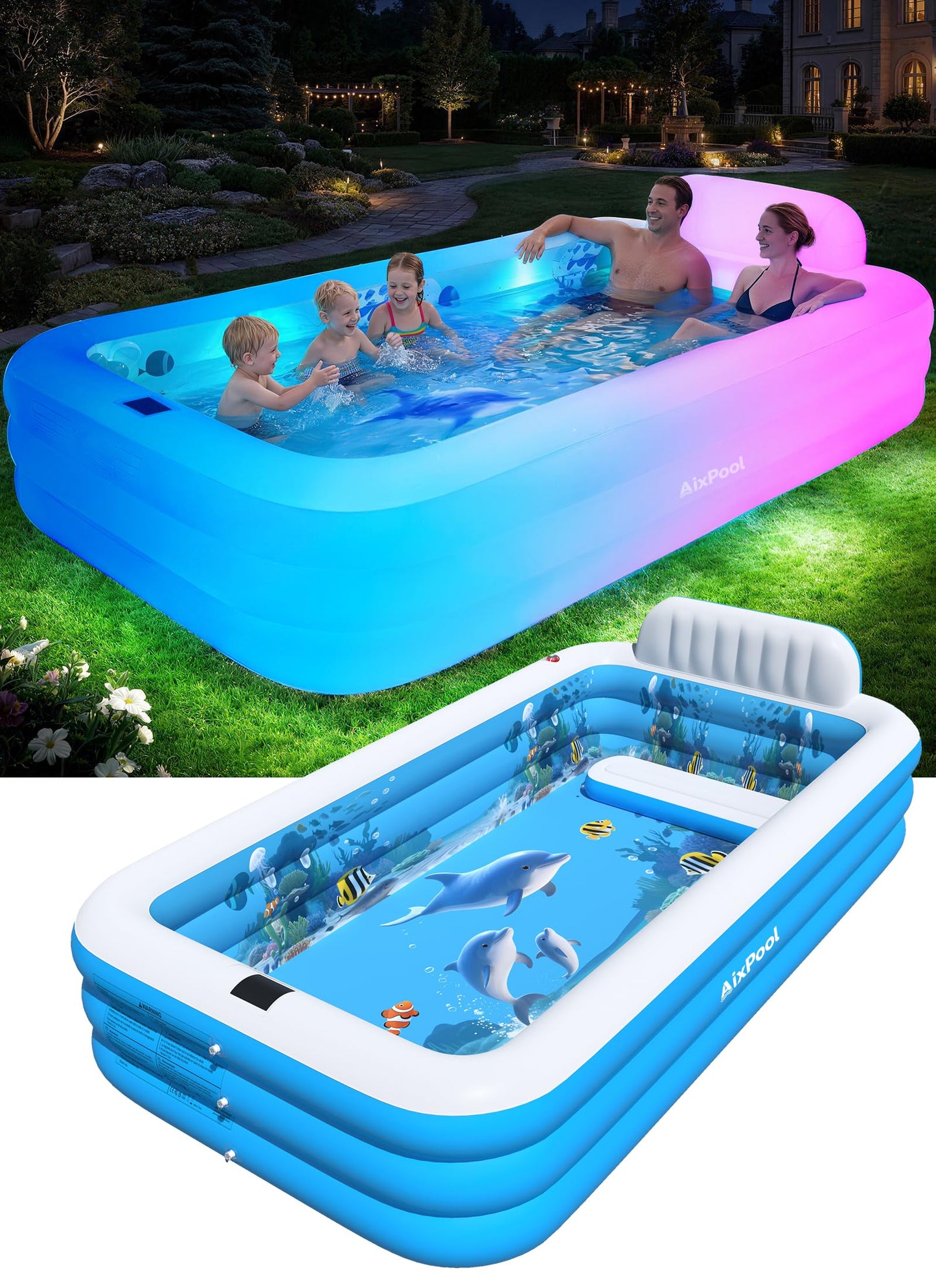 Hot Extra Large Inflatable Pool with Lights,Upgraded Solar Powered Blow Up Pool for Adults,Inflatable Kids Swimming Pool with Seat& Backrest,Big Inflatable Kids Pool for Backyard,120x73x20IN