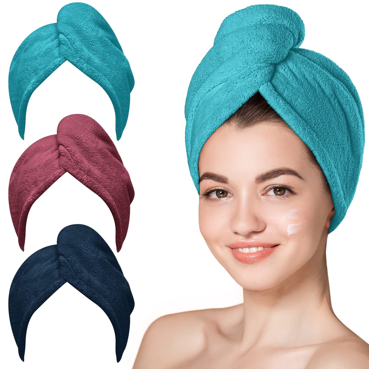 HotHicober Microfiber Hair Towel Wrap, Fast Drying Hair Towels for Women, Soft Lightweight Quick Dry Turban for Curly & Long Hair–3 Pack(Blue/Grey/Pink)