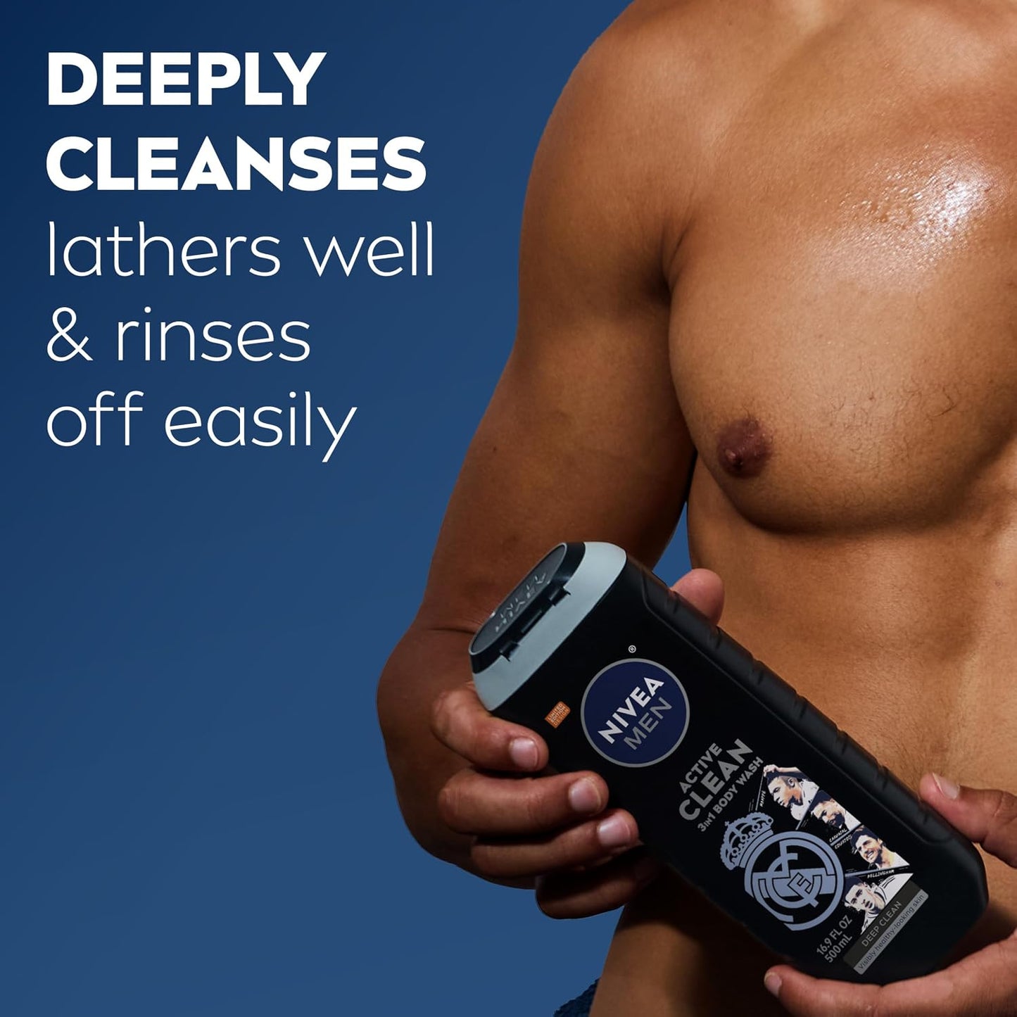 HotNIVEA MEN Real Madrid Limited Edition Design Active Clean Body Wash with Natural Charcoal for Normal to Oily Skin, 3-in-1 Charcoal Body Wash, Face and Hair, 16.9 Fl Oz Bottle, Pack of 3