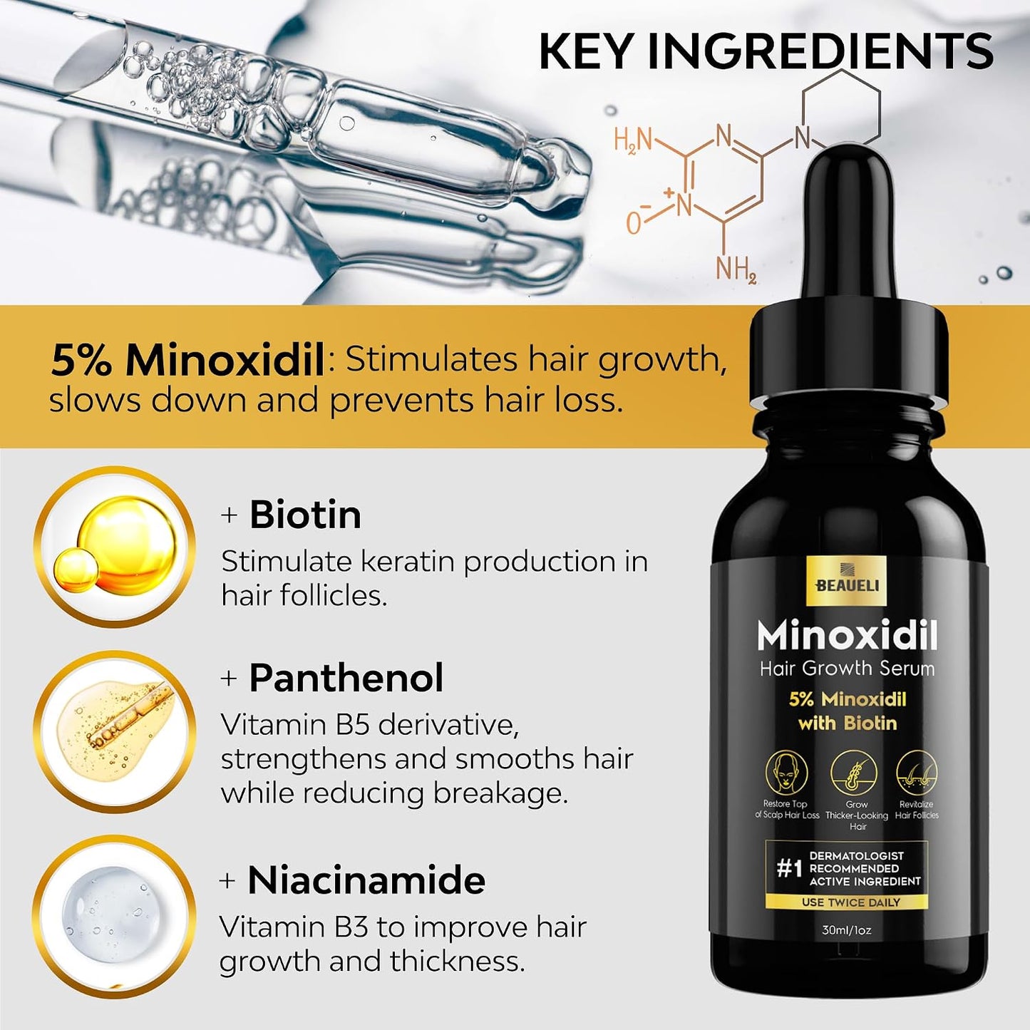 Hotbeaueli 5% Minoxidil for Men & Women Hair Growth, Beard Growth, Hair Loss Treatment, Unisex Adult 1oz