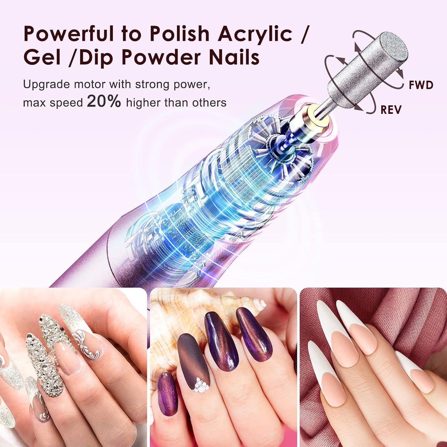 HotCOSLUS C20 Cordless Nail Drill Electric File: Professional for Acrylic Gel Dip Powder Nails, Portable All-in-One Nail Drill Machine Kit for Manicure & Pedicure, Rechargeable Lightweight, Purple