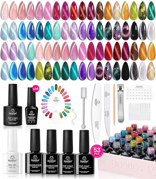 HotBeetles Stellar Sonata Cat Eye Gel Nail Polish Set - 36 Colors Christmas Gel Nail Kit Magnetic Red Green Purple Brown Burgundy Base Glossy Matte Top Coat Soak off UV Salon Nail Art Gift for Women