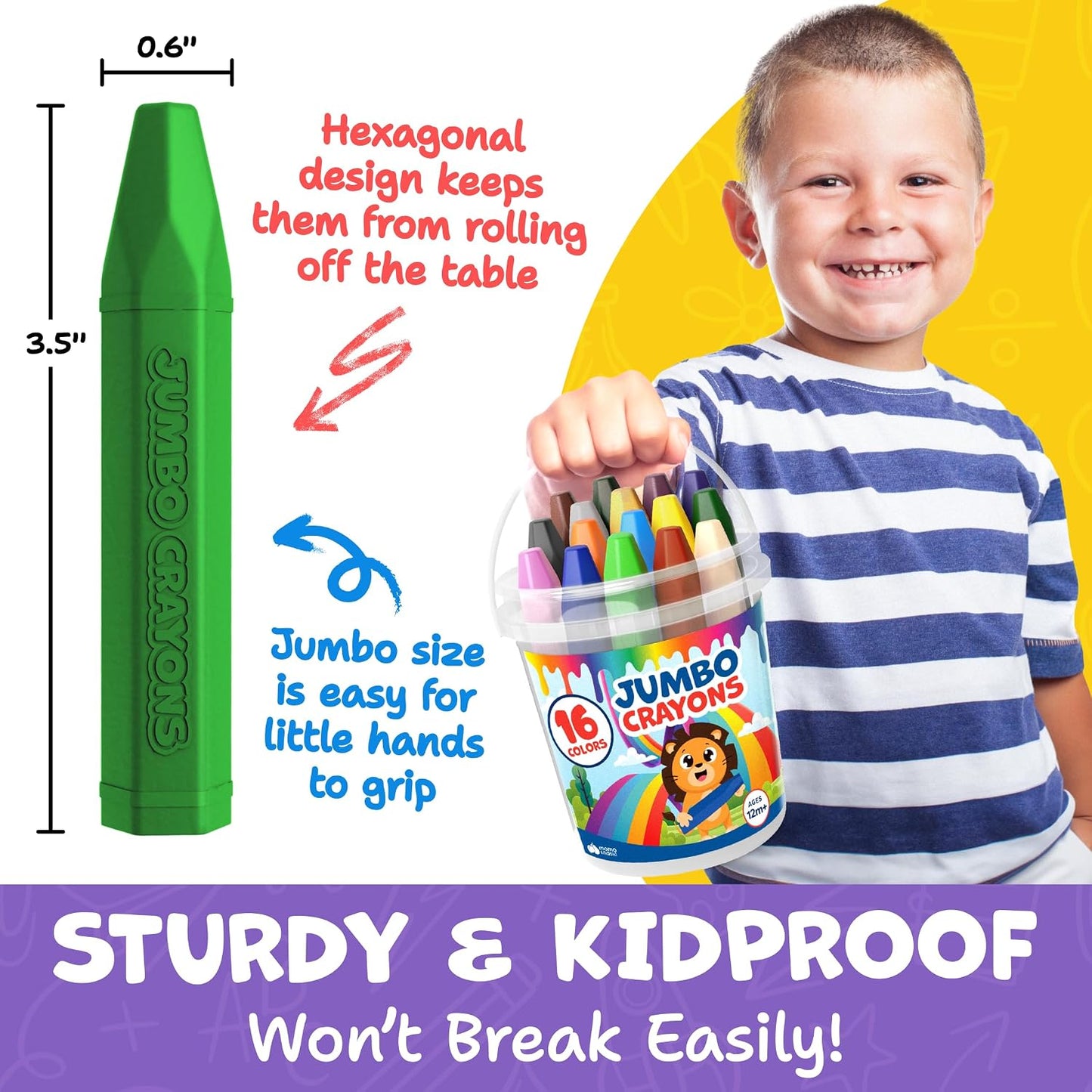 Hot Jumbo Crayons For Toddlers 1-3 - 16pc Toddler Crayons For Kids Ages 4-8 1-3 2-4 - With Printed & PDF Crayon Color Sheets - Non Toxic, Washable, Large & Easy To Grip - Toddler Coloring Art Supplies