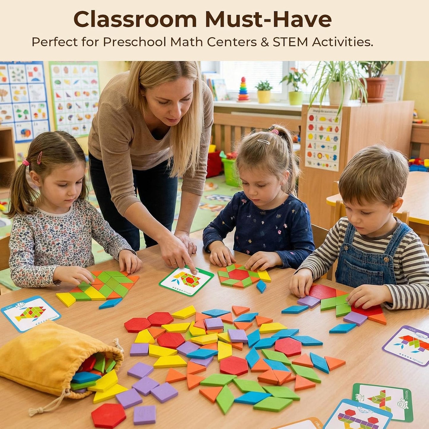 HotLovesTown 209 PCS Shapes Wooden Pattern Blocks for Kids, Geometric with Activity Cards and Storage Bag, Educational Tangram Puzzles,Great Learning Gift from Parents or Teachers