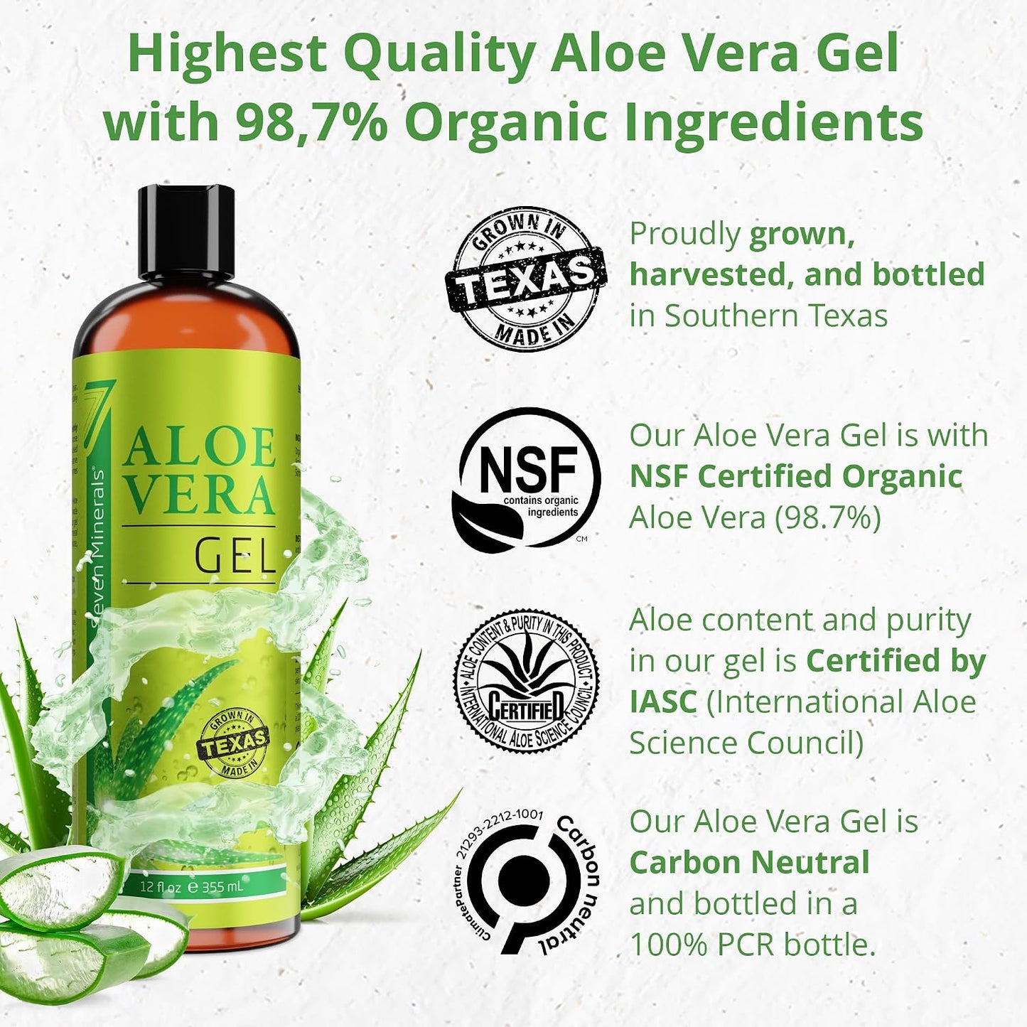 HotSeven Minerals Aloe Vera Gel with Freshly Cut Pure Organic Aloe - Big 12oz - Texas Grown, HighestQuality, Vegan, Unscented, Non-Sticky - After Sun, Skin & Face Moisturizer, Hair Mask