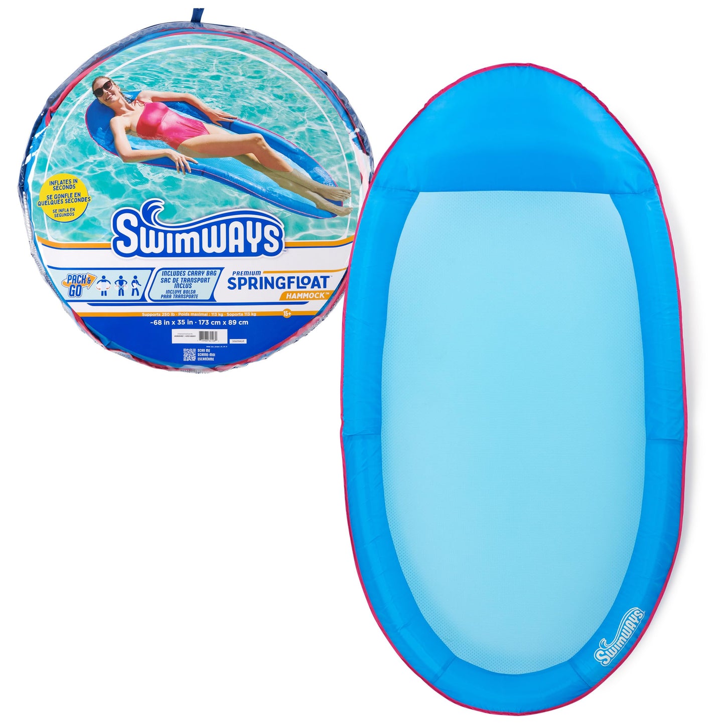 HotSwimWays Spring Float Hammock, Fast-Inflating Adult Lounger; Ages 15+ | Patented Fast Inflation for Immediate Use During Travel, Fits Most Adults and Teens, Teens & Adults Can Lounge Comfortably