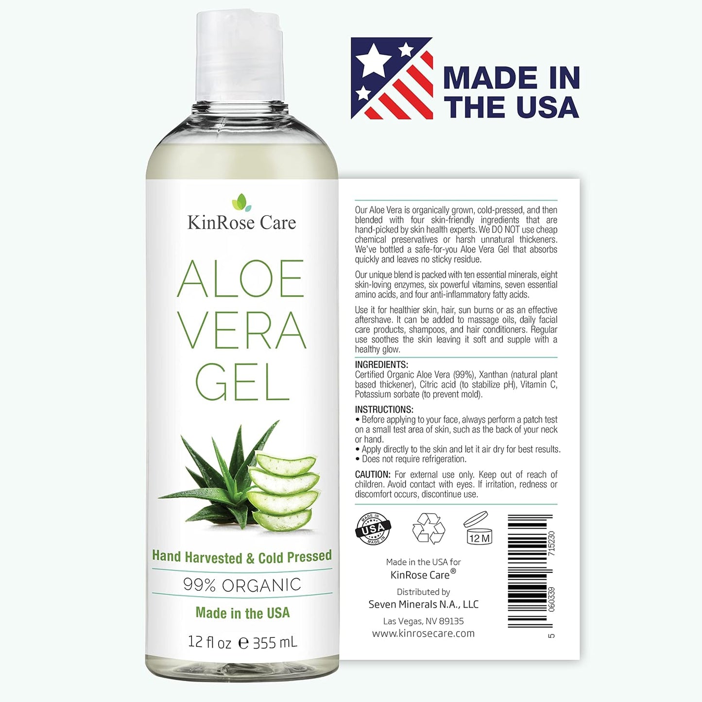 HotKinRose Care, 12oz Aloe Vera Gel for Face, Skin, Hair & Sunburn Relief - From Pure Organic Aloe Vera (99%) - Cold Pressed, Vegan, Unscented - Made in USA.