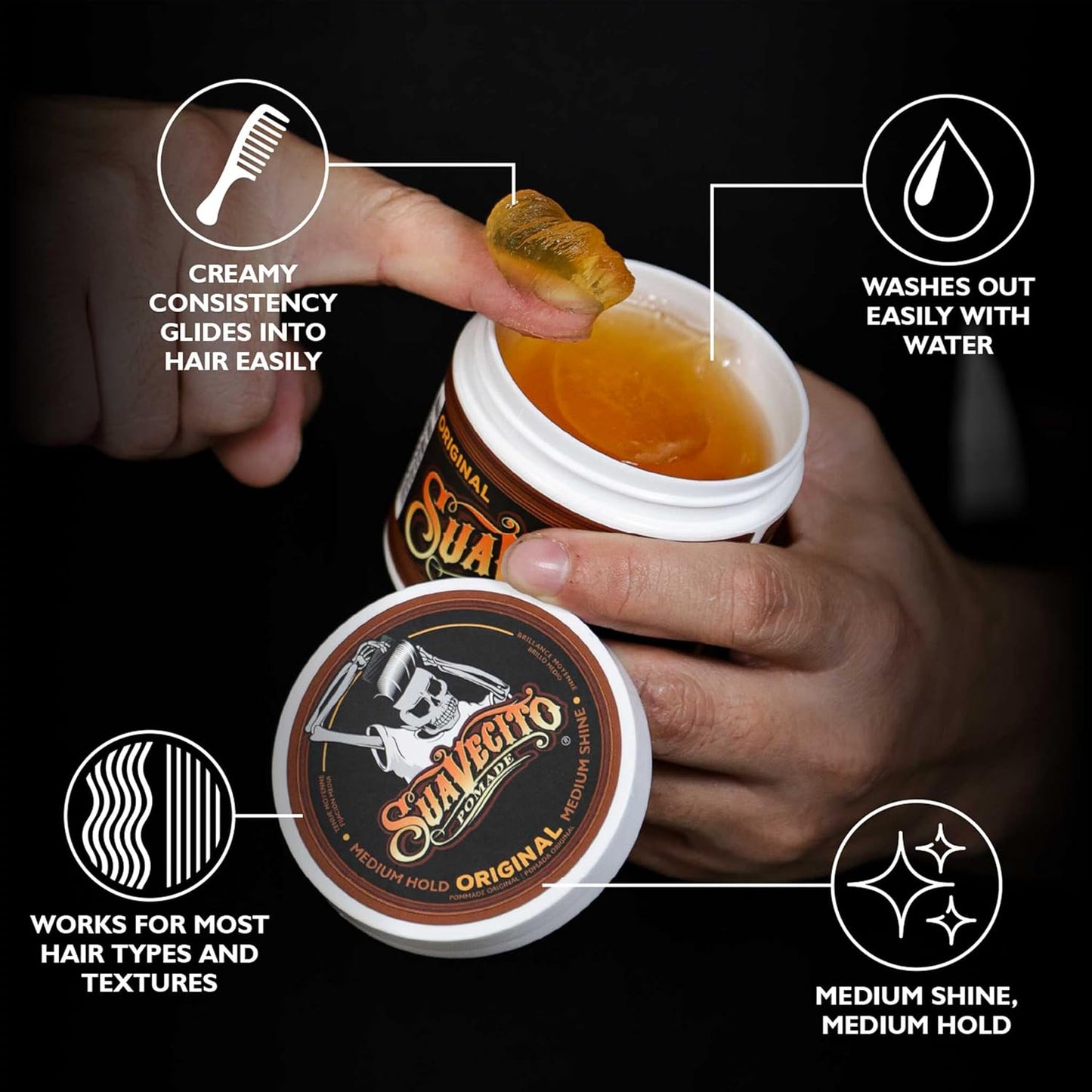 HotSuavecito Pomade Original Hold For Men 4 oz, 1 Pack - Medium Shine Water Based Wax Like Flake Free Hair Gel - Easy To Wash Out - All Day Hold For All Hairstyles