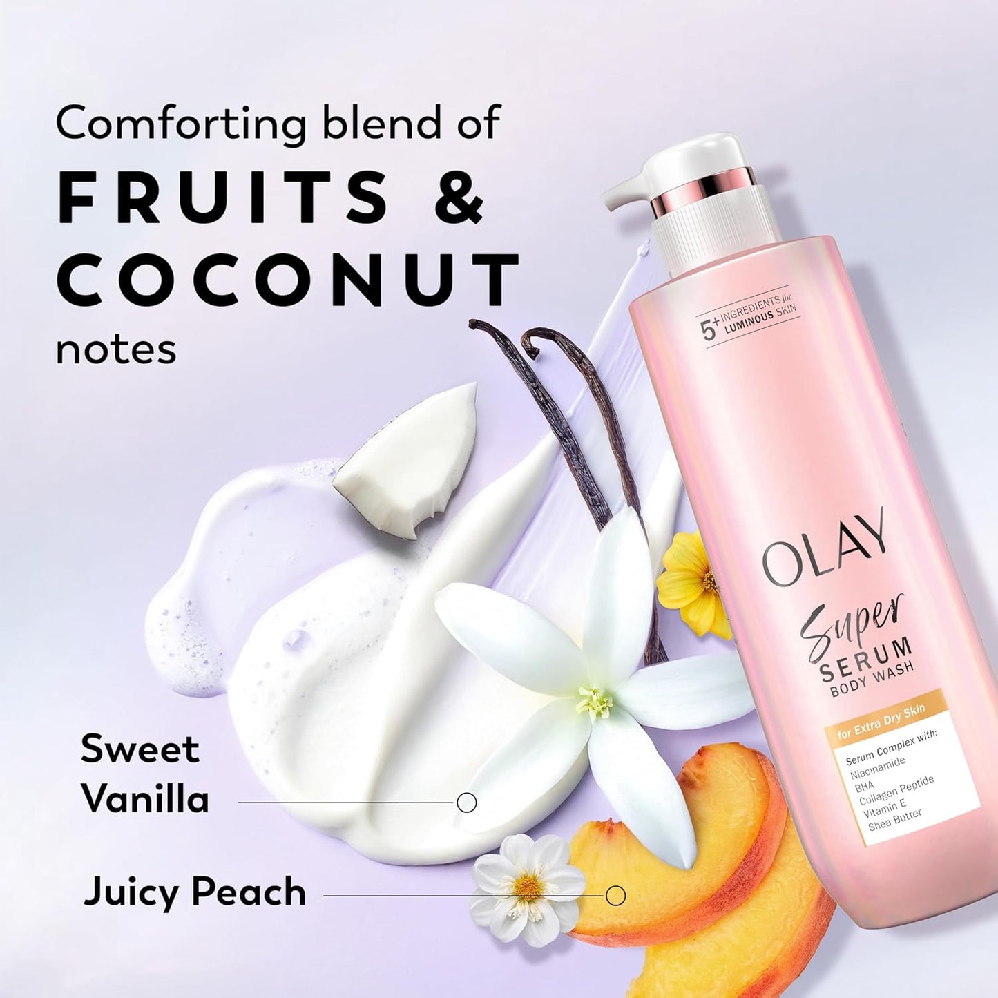 HotOlay Super Serum Body Wash for Extra Dry Skin, 24hr Long Lasting Rich Hydration, 5+ Ingredient Complex for Bright, Even, Firm, & Luminous Skin, with Collagen Peptide, Vitamin C & Shea Butter, 20 fl oz
