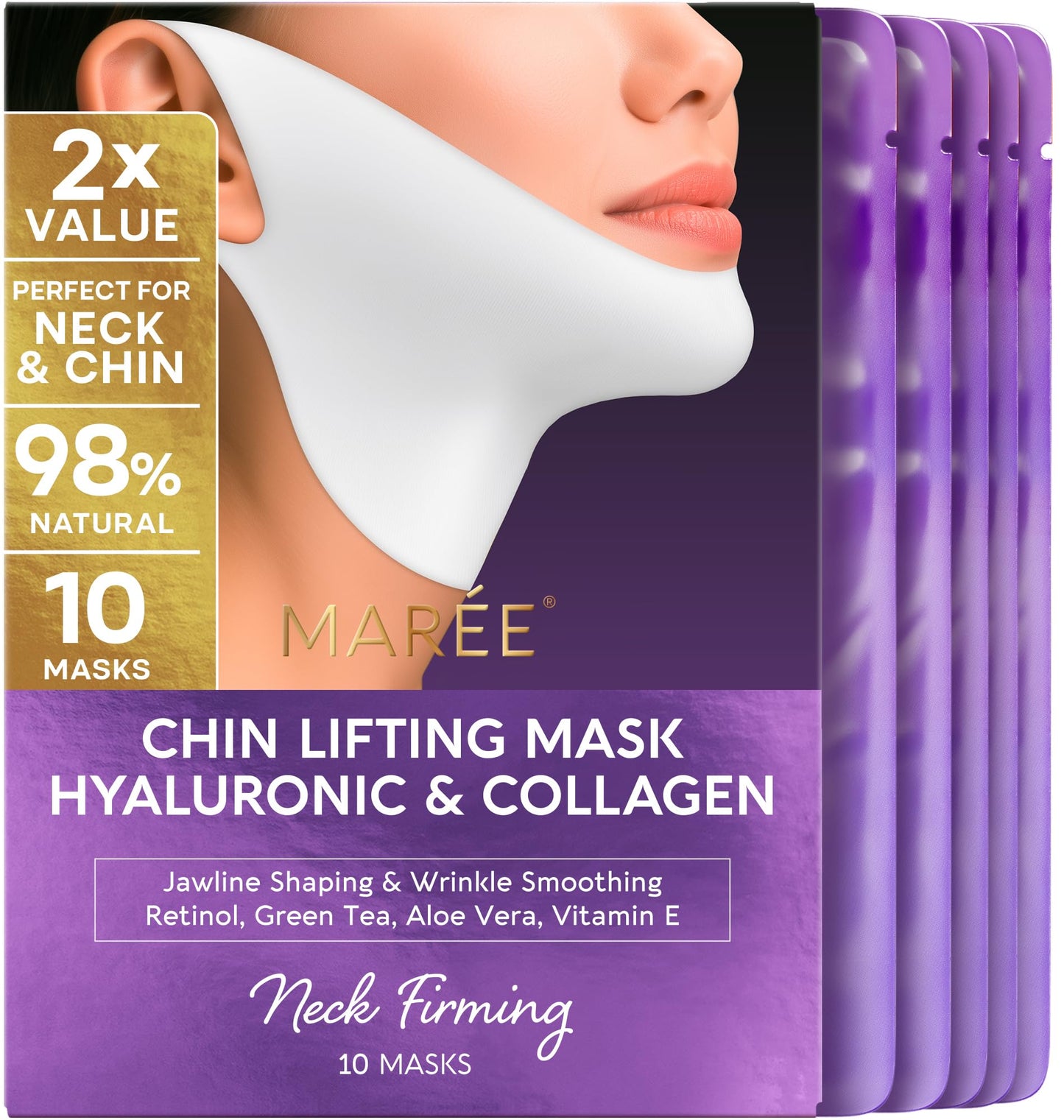 HotMAREE V Line Lifting Mask with 24K Gold – Deep Collagen Face Mask for Women – Jawline Shaper Mask with Retinol & Hyaluronic Acid – Neck Tightening & Firming - Double Chin Strap for Face Lift