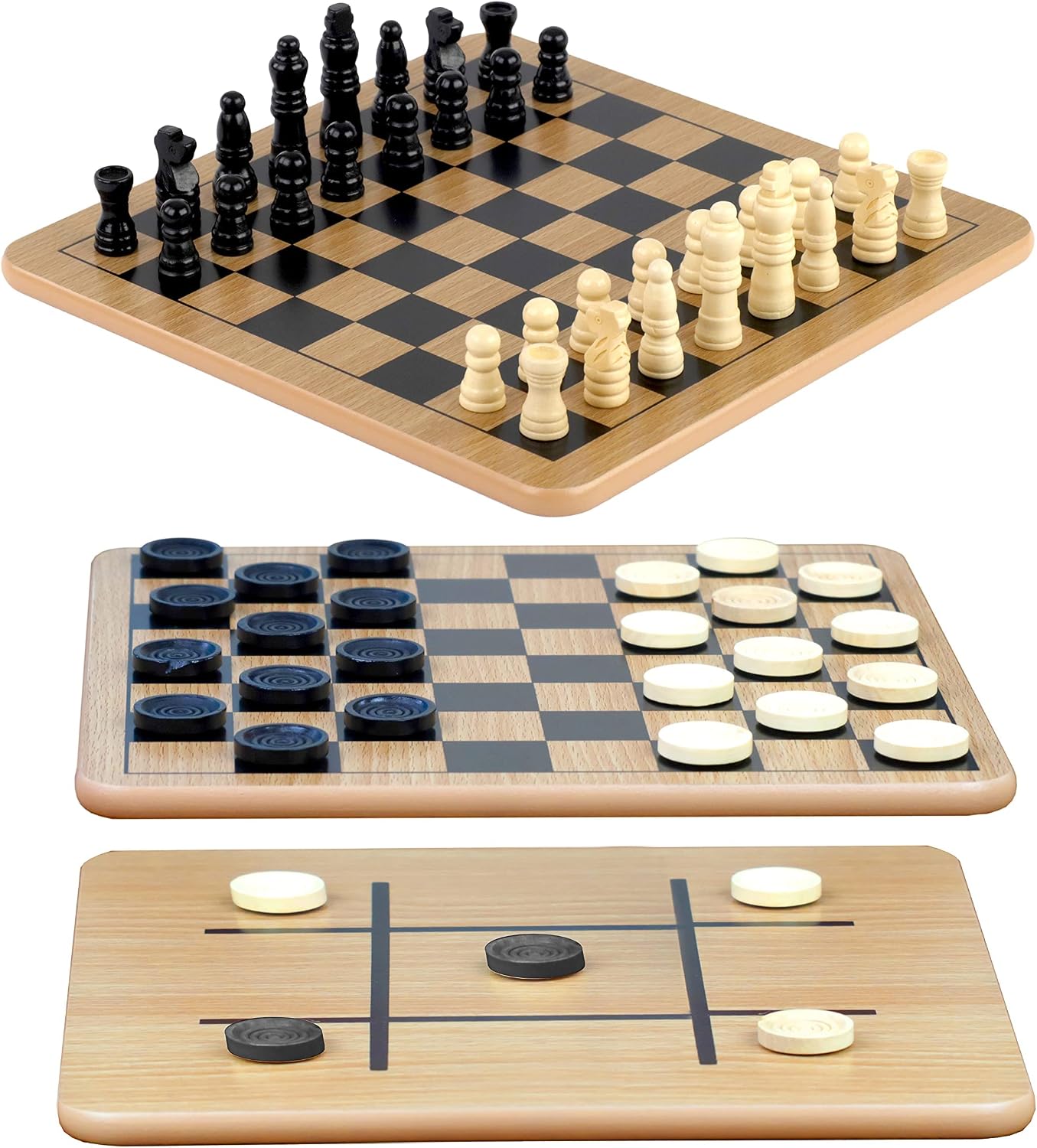 HotRegal Games - Reversible Wooden Board for Chess, Checkers & Tic-Tac-Toe - 24 Interlocking Wooden Checkers and 32 Standard Chess Pieces - for Age 8 to Adult for Family Fun