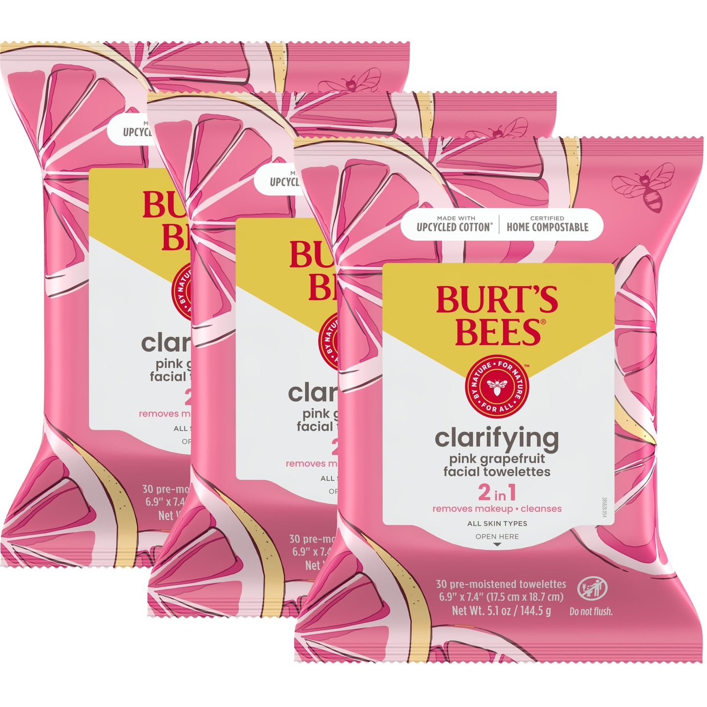 HotBurts Bees Micellar Rose Water Facial Towelettes, 100% Plant Based Cloth; 99% Natural Origin; Remove Makeup, Cleanse, Hydrate; No Greasy, Oily Residue; All Skin Types; 30 Ct, Pack of 3 (Pack May Vary)
