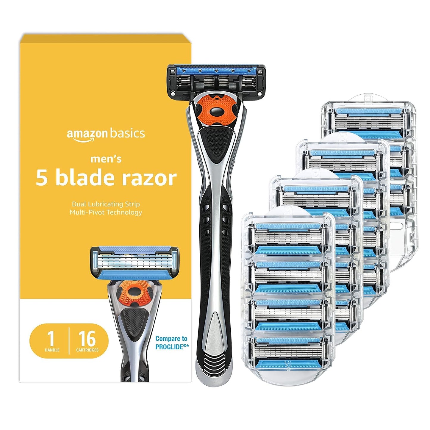 HotAmazon Basics 5-Blade MotionSphere Men's Razor with Dual Lubrication, Vitamin E, Precision Trimmer, 1 Handle & 16 Cartridges, Black