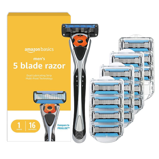 HotAmazon Basics 5-Blade MotionSphere Men's Razor with Dual Lubrication, Vitamin E, Precision Trimmer, 1 Handle & 16 Cartridges, Black