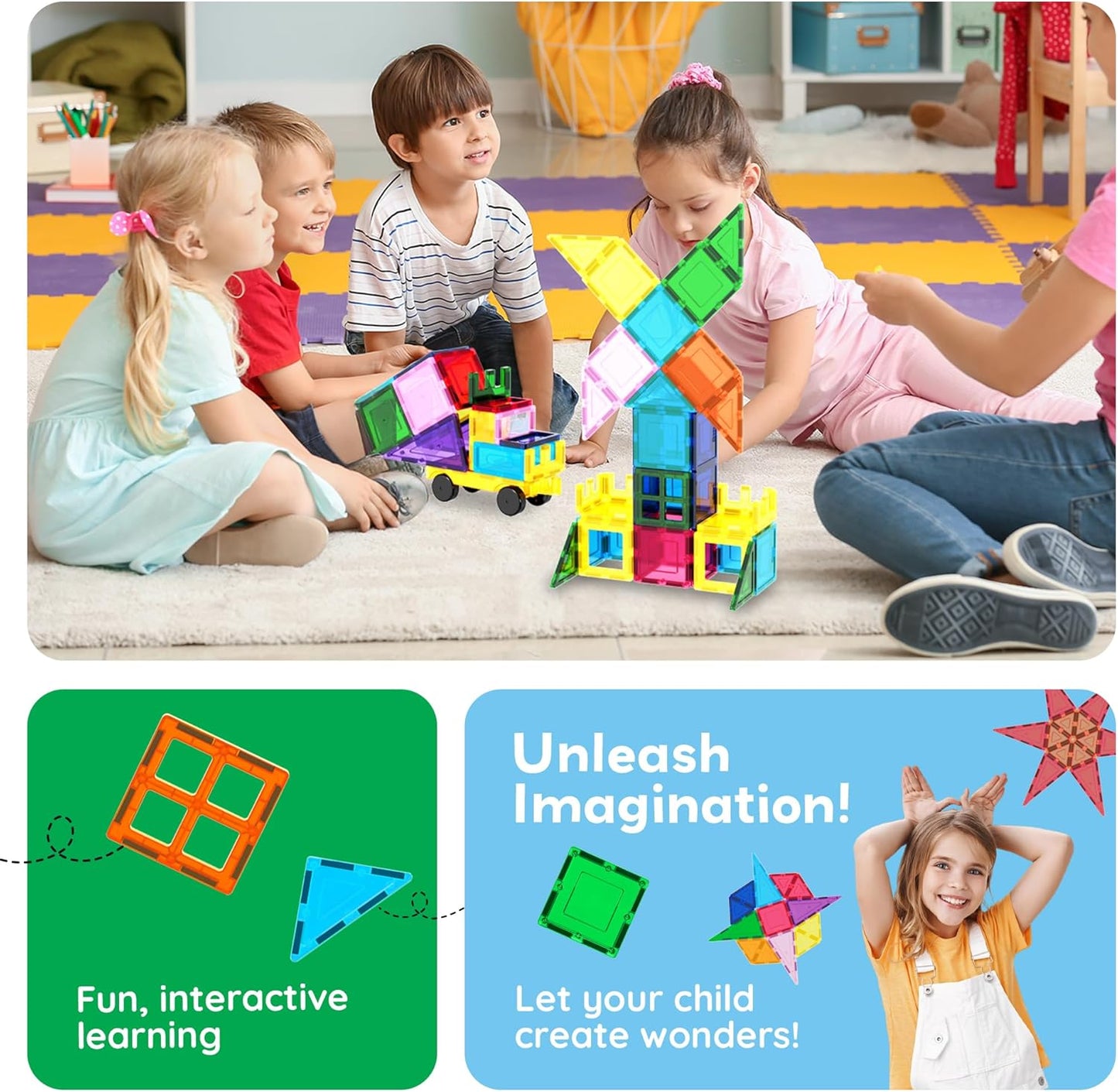 HotPicassoTiles 101 Piece Magnetic Tiles Building Set with Car & Bag Ages 3+ | BPA-free plastic, smooth-edge design, doors/windows, specialty shapes, spatial reasoning, hand-eye coordination, pretend play